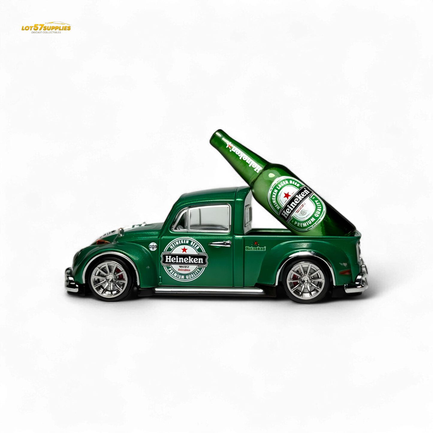 Diecast Liberty 64 VW Beetle Pickup model in Heineken livery, detailed miniature vehicle by Lot57Supplies Diecast Shop.