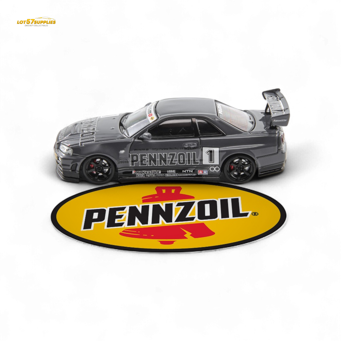 Gray Nissan Skyline GT-R R34 Nismo Z-Tune diecast model in 1:64 scale, featuring detailed exterior design and branding.