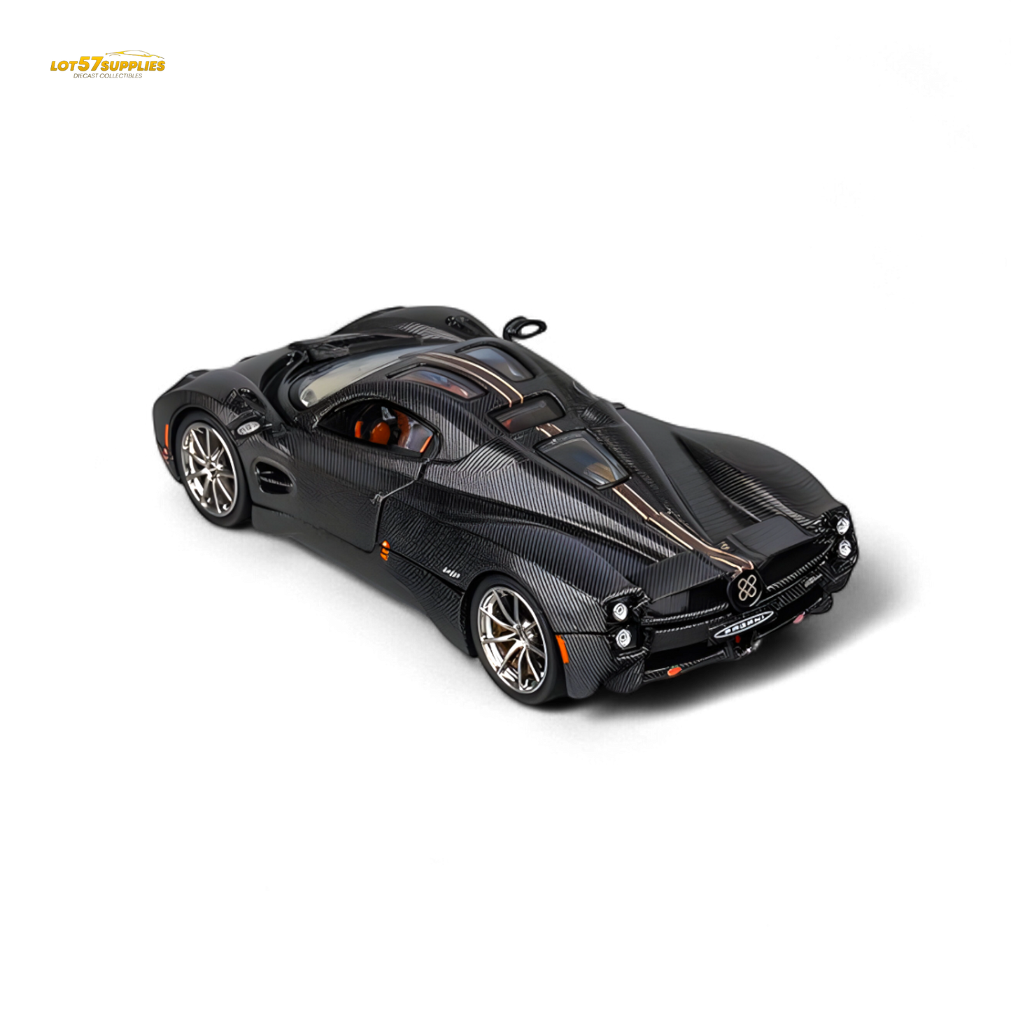 Red-striped Pagani Utopia diecast model in full carbon finish, 1:64 scale by Lot57Supplies Diecast Shop.