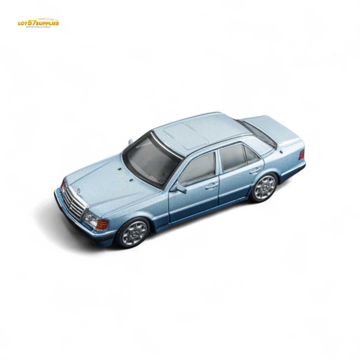 Pre-order Mercedes-Benz DCM Benz 500E diecast model in Lake Blue, 1:64 scale from Lot57Supplies Diecast Shop.