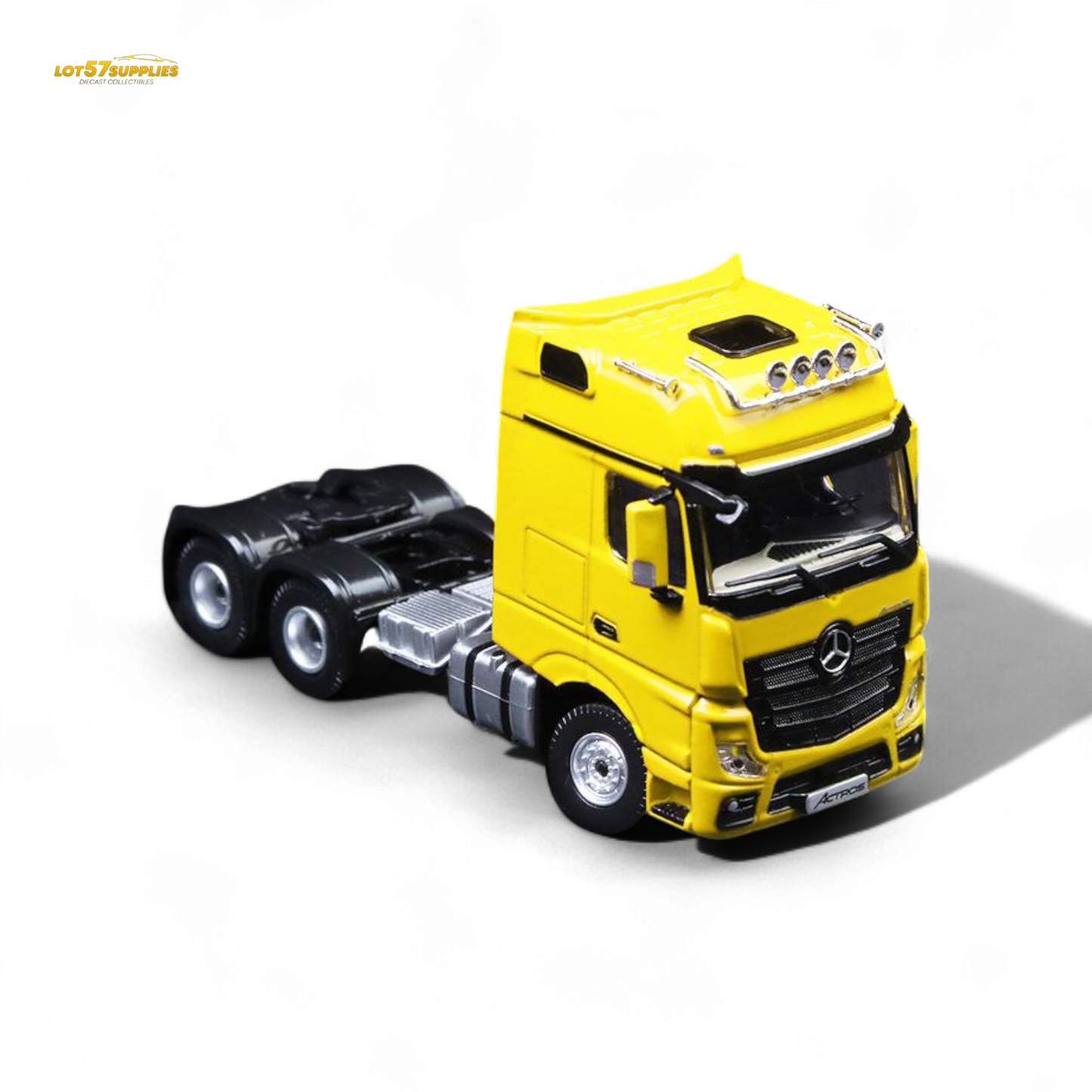 Yellow Mercedes-Benz TimeMicro & Perka Benz flatbed transport vehicle in 1:64 scale, detailed diecast model for collectors