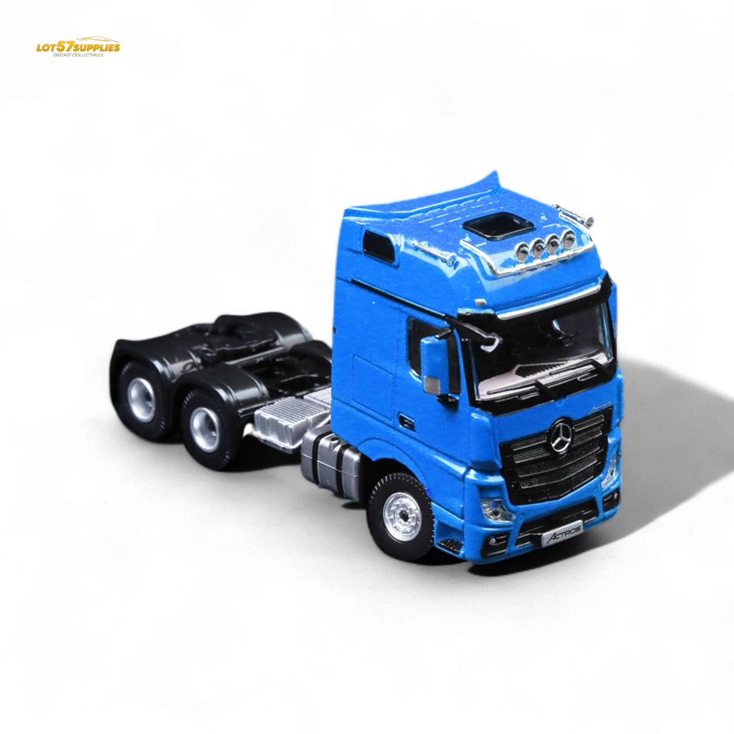 Blue Mercedes-Benz Benz Flatbed Transport Vehicle diecast model in 1:64 scale, detailed and realistic, from Lot57Supplies Diecast Shop.