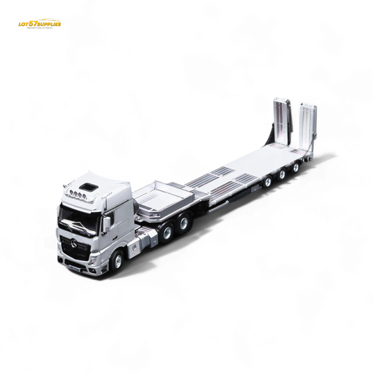 White Mercedes-Benz Benz Flatbed Transport Vehicle diecast model in 1:64 scale by Lot57Supplies Diecast Shop.