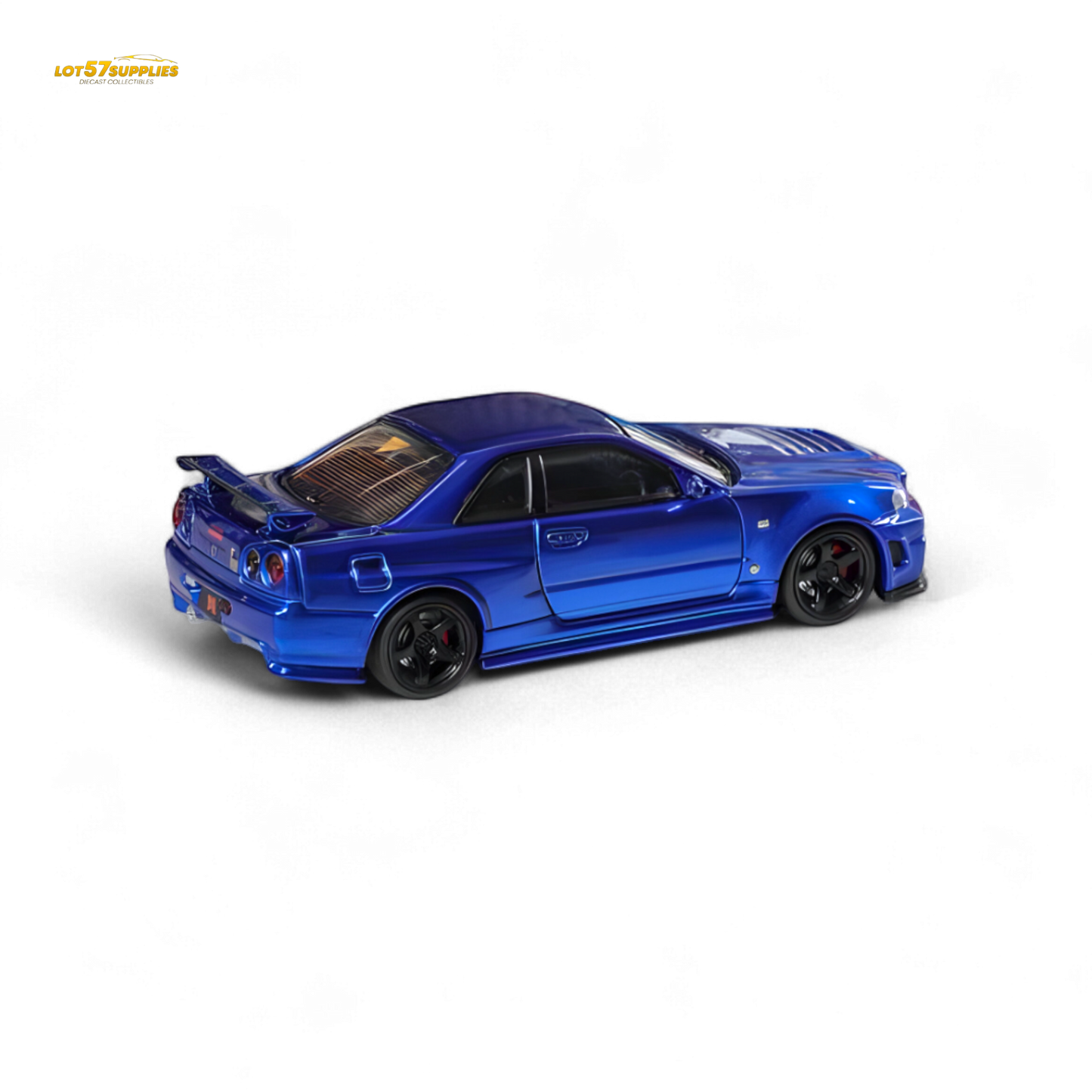 Nissan Fuji Skyline R34 GT-R Nismo Z-Tune diecast model in Bayside Blue, 1:64 scale, showcasing detailed exterior features