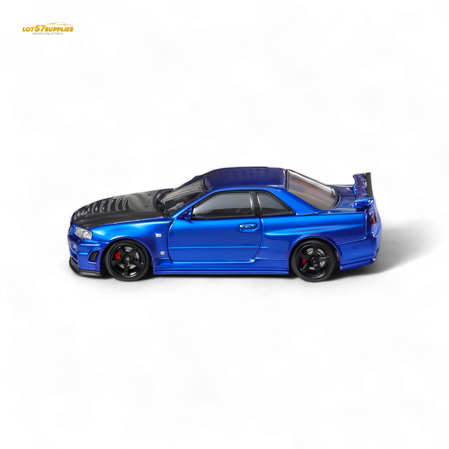 Nissan Fuji Skyline R34 GT-R Nismo Z-Tune diecast model in Bayside Blue, 1:64 scale, featuring detailed exterior and wheels.