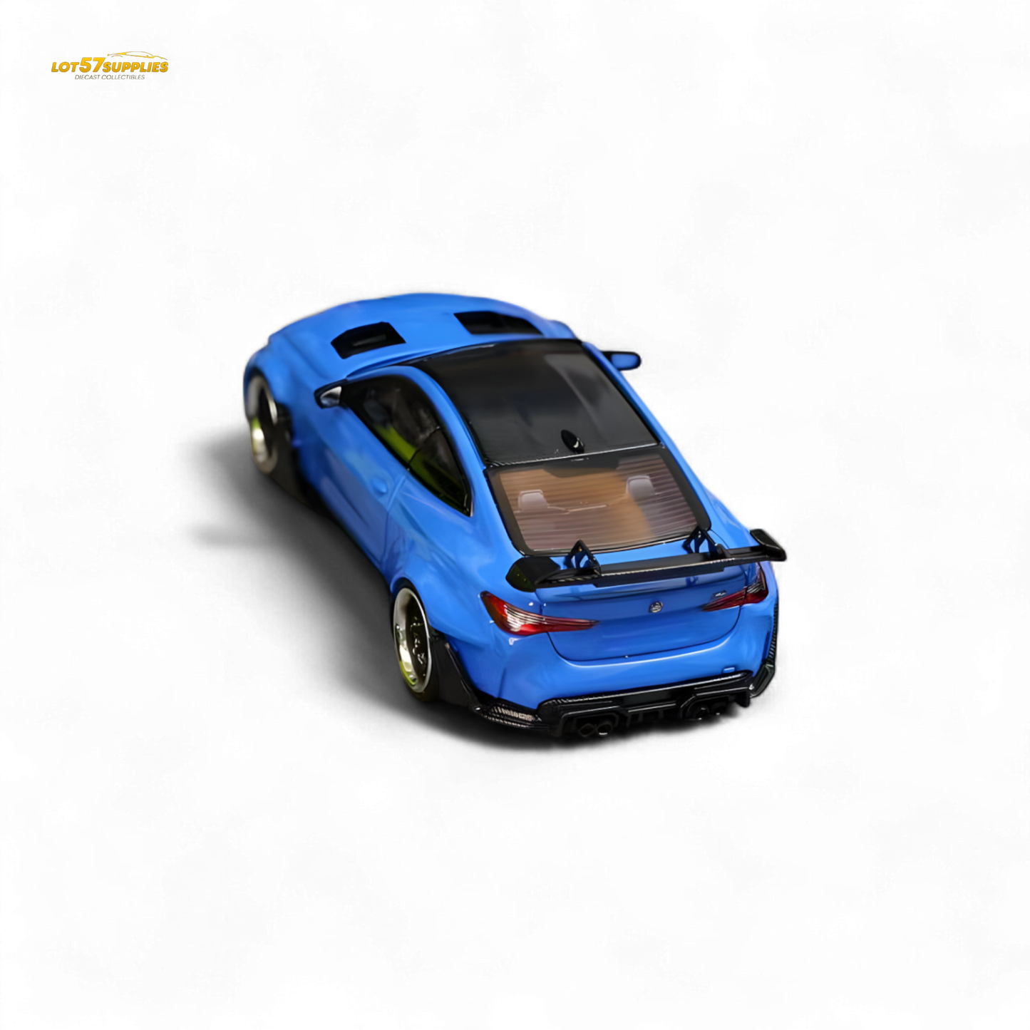 Portimao Blue SW BMW G82 M4 diecast model with wide-body modifications, detailed design, and brand-specific features.