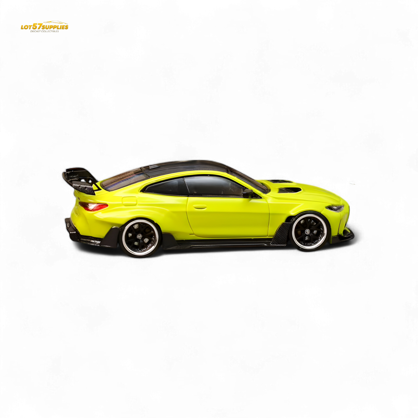 Diecast model of SW BMW G82 M4 wide-body in Sao Paulo Yellow, compact 1:64 scale, from Lot57Supplies Diecast Shop.