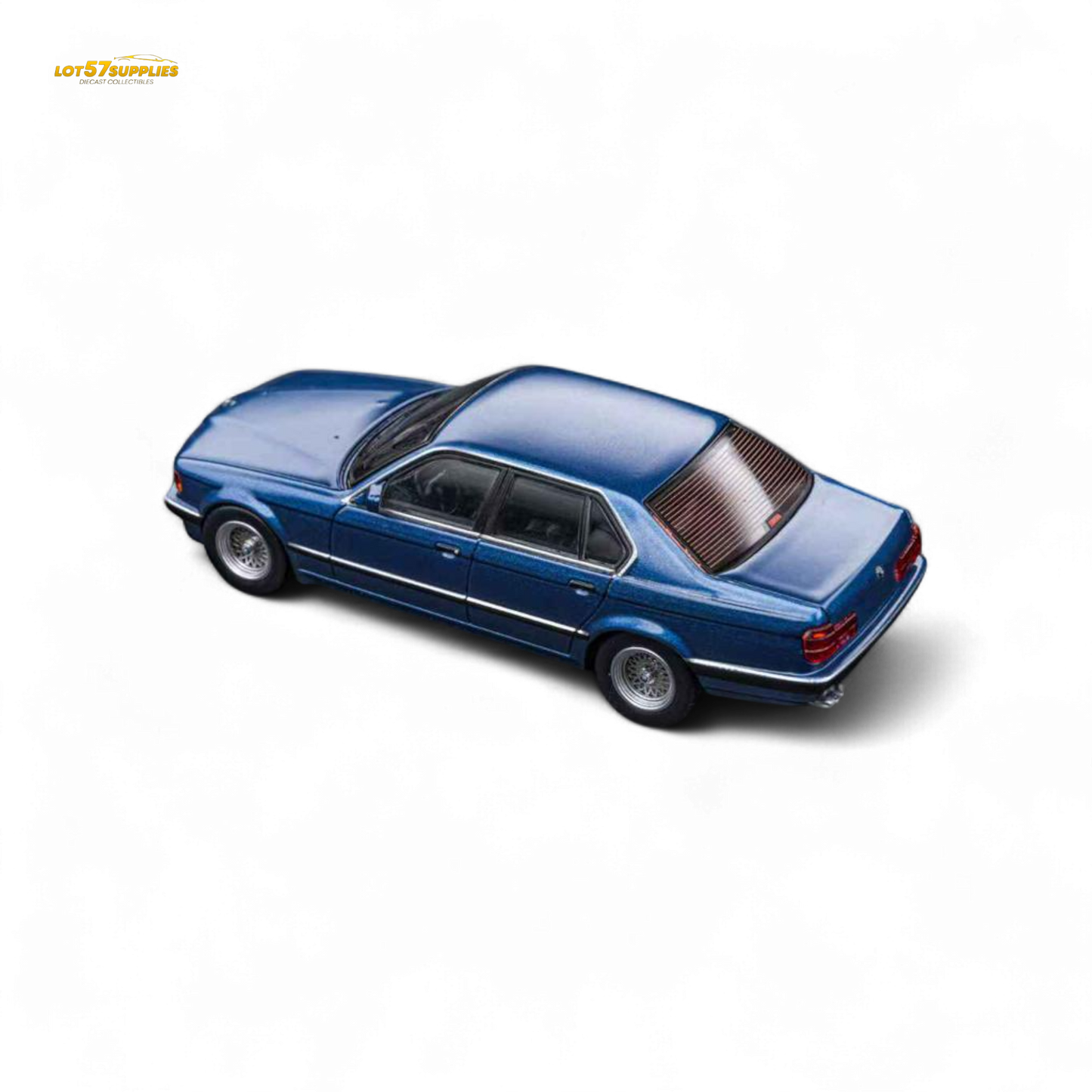 Miniature BMW E32 7-Series Sedan diecast model in Alpina Blue, 1:64 scale by Lot57Supplies Diecast Shop.