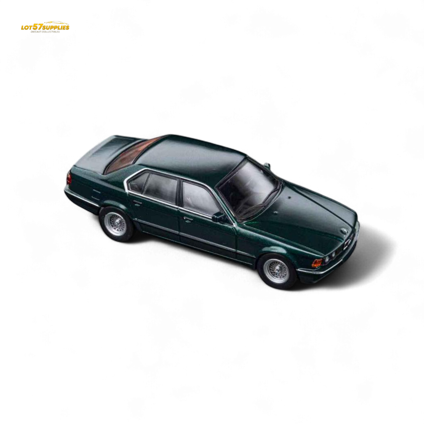 Detail of a green diecast BMW E32 7-Series sedan in Oxford Metallic green, 1:64 scale model by Lot57Supplies Diecast Shop.