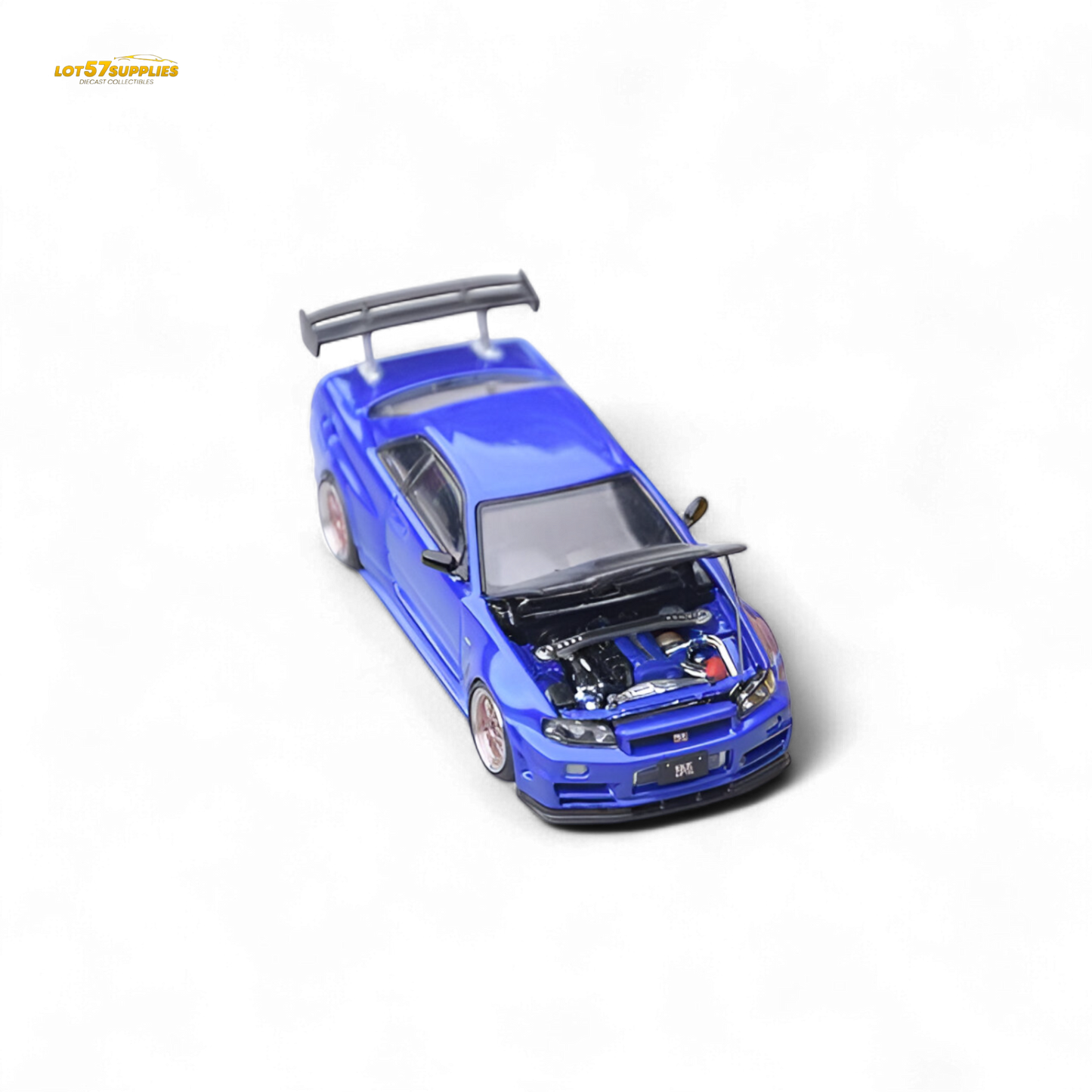 Blue Nissan Skyline GT-R R34 diecast car in 1:64 scale, detailed model with Bayside Blue finish from Lot57Supplies Diecast Shop
