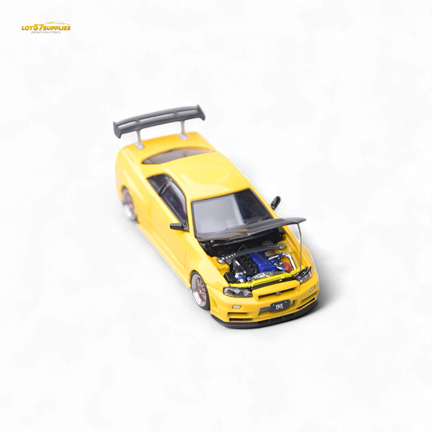 Yellow Nissan Skyline GT-R R34 Z-Tune diecast car with carbon hood, 1:64 scale, detailed model from Lot57Supplies Diecast Shop.