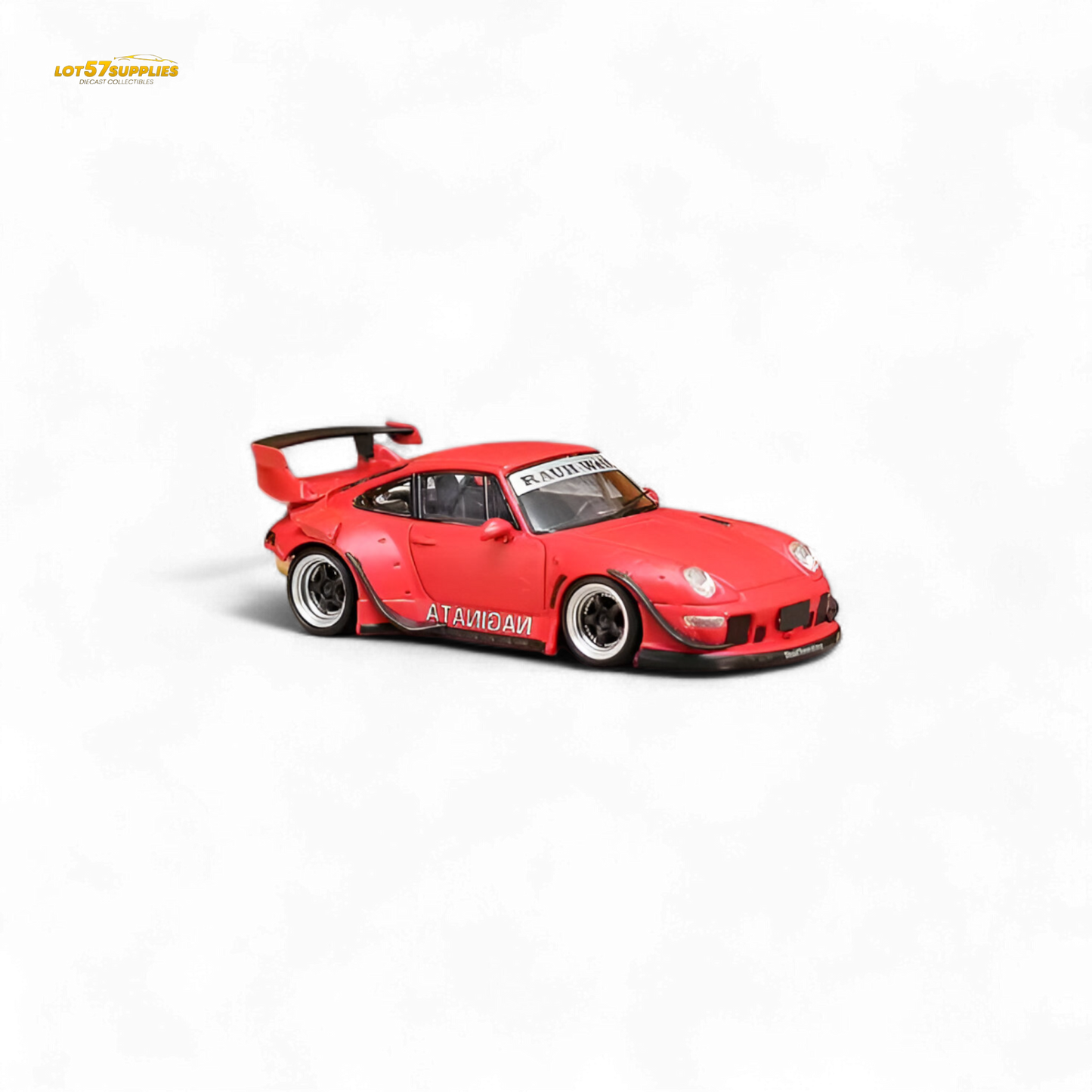 Red Porsche 993 Naginata street weapon RWB diecast model in 1:64 scale with detailed red livery, showcasing sleek design and authentic features.