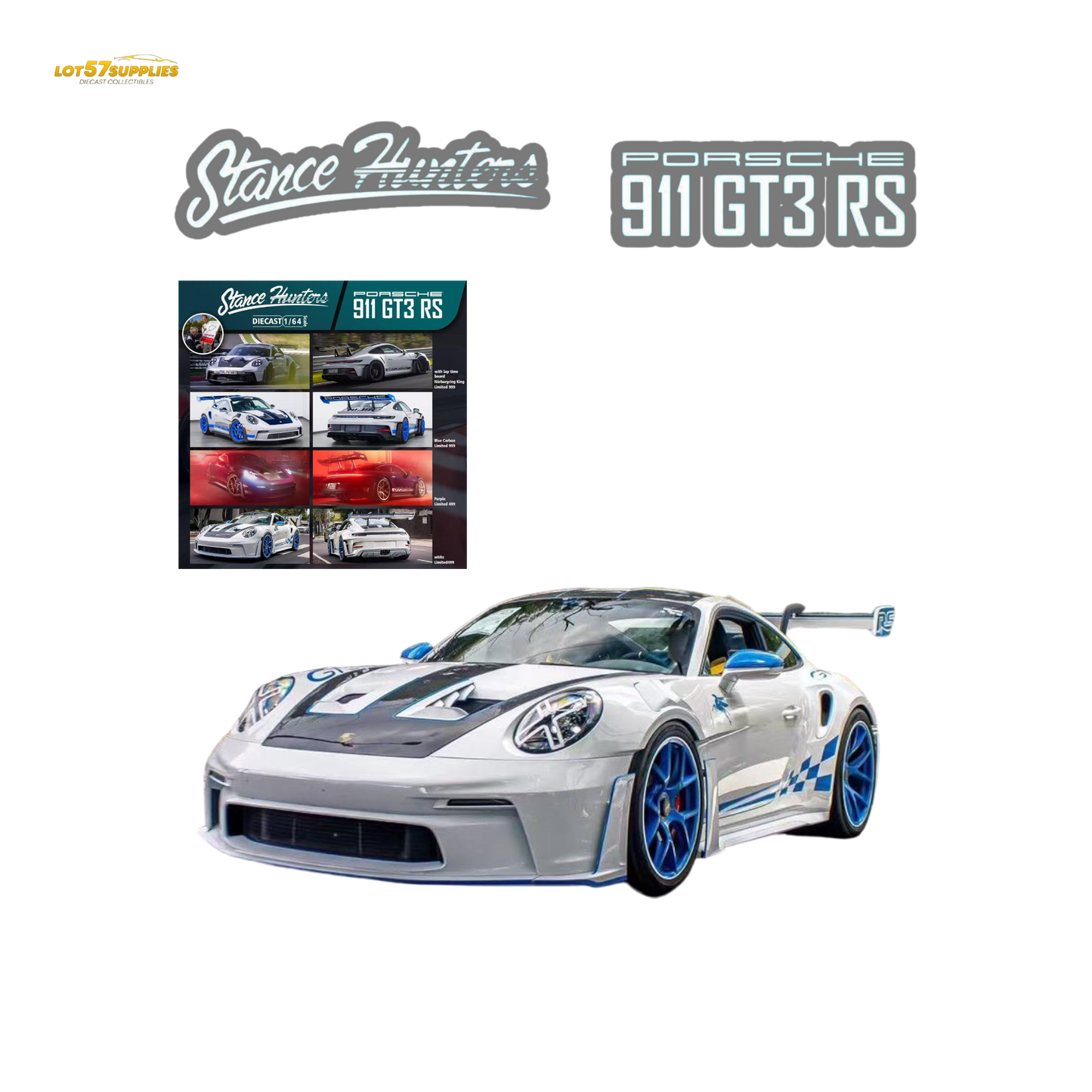 White diecast Porsche 911 GT3 RS model by Stance Hunters in 1:64 scale, detailed miniature car on display.