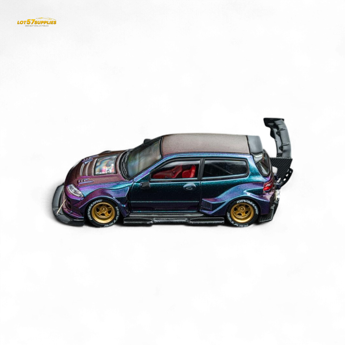 Diecast 1:64 Honda EG6 hatchback model in chameleon finish from Lot57Supplies Diecast Shop, detailed miniature car with vibrant color shift.