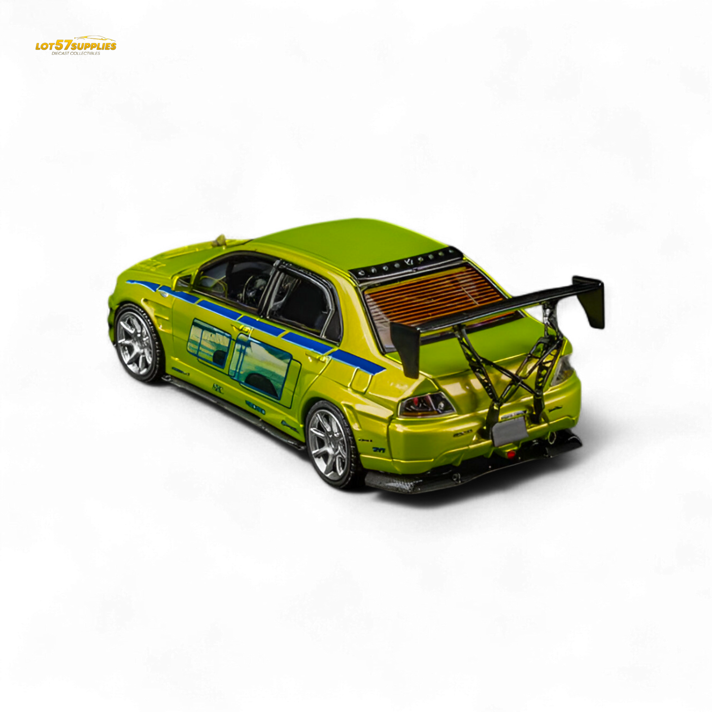 Green Mitsubishi Lancer Evo 9 FNF Bryan diecast model by Lot57Supplies, detailed 1:64 scale collectible car.
