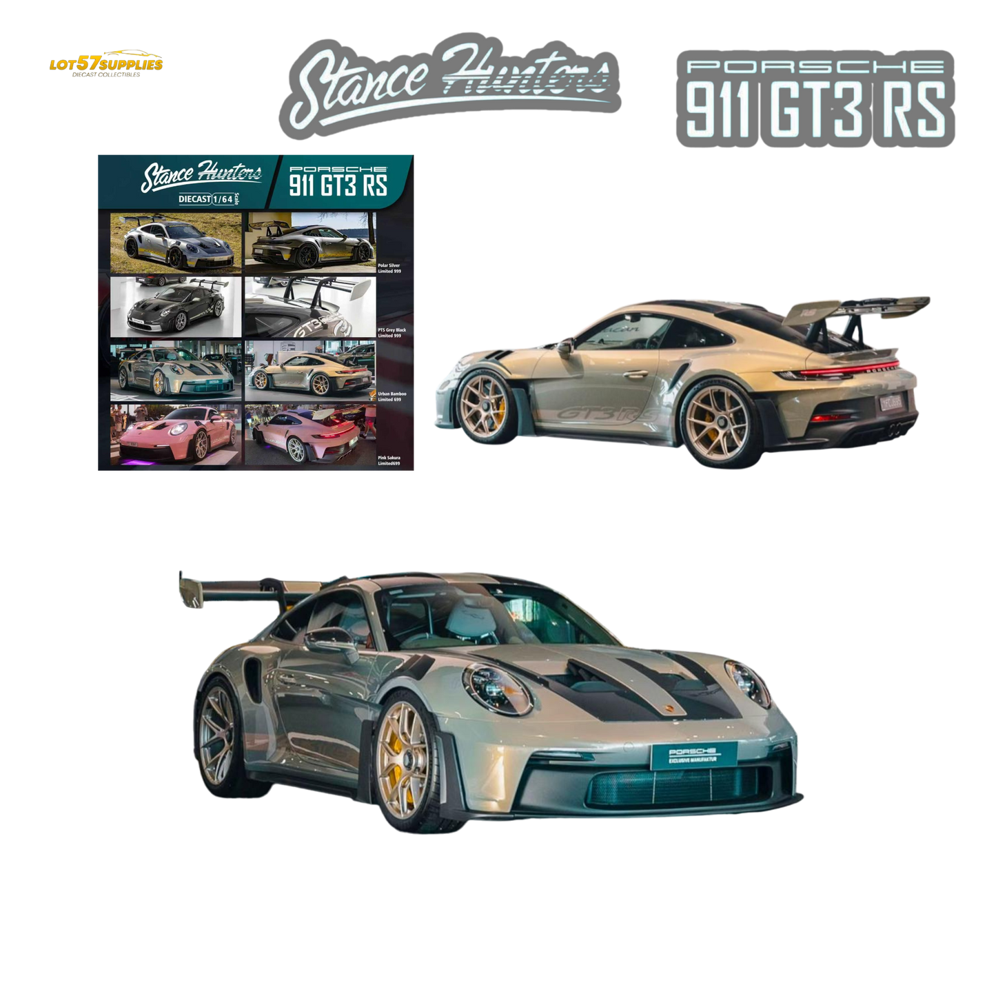 Pre-order Stance Hunters Porsche 911 GT3 RS 992 diecast model in Urban Bamboo, detailed 1:64 scale toy car.