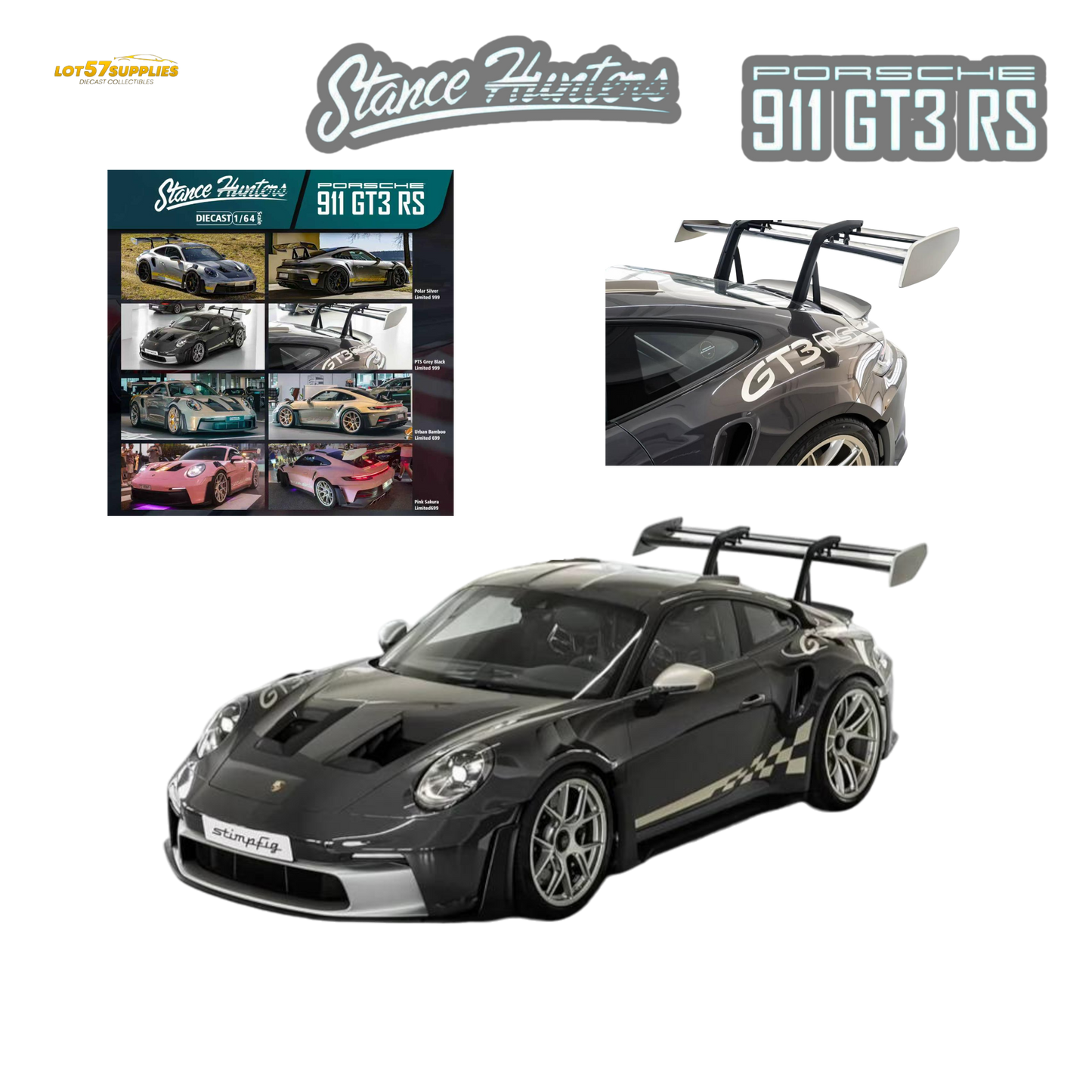 Pre-order Porsche 911 GT3 RS 992 diecast model in grey and black by Stance Hunters, detailed miniature car, 1:64 scale.