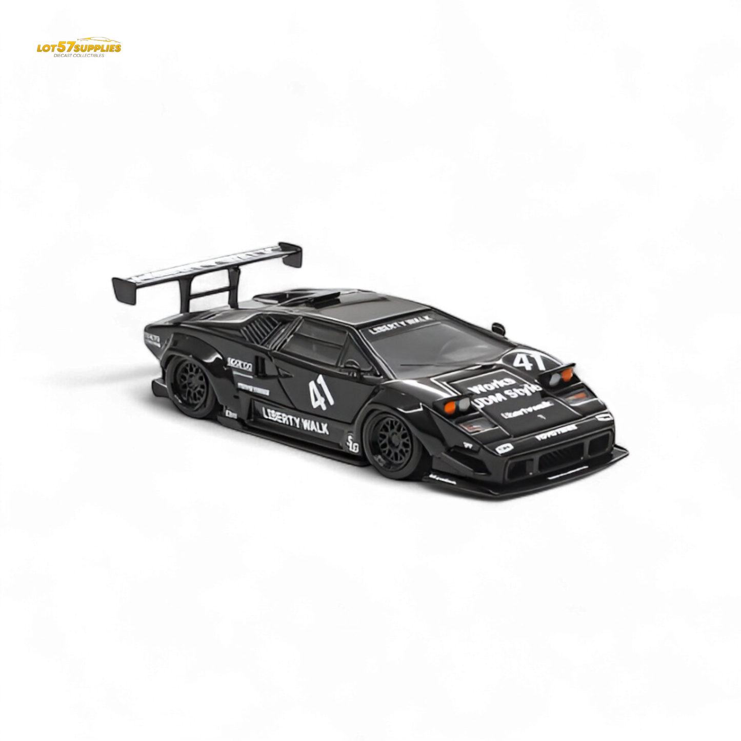 Black Lamborghini Countach luxury diecast model in 1:64 scale by Lot57Supplies Diecast Shop, detailed view of the collectible car.