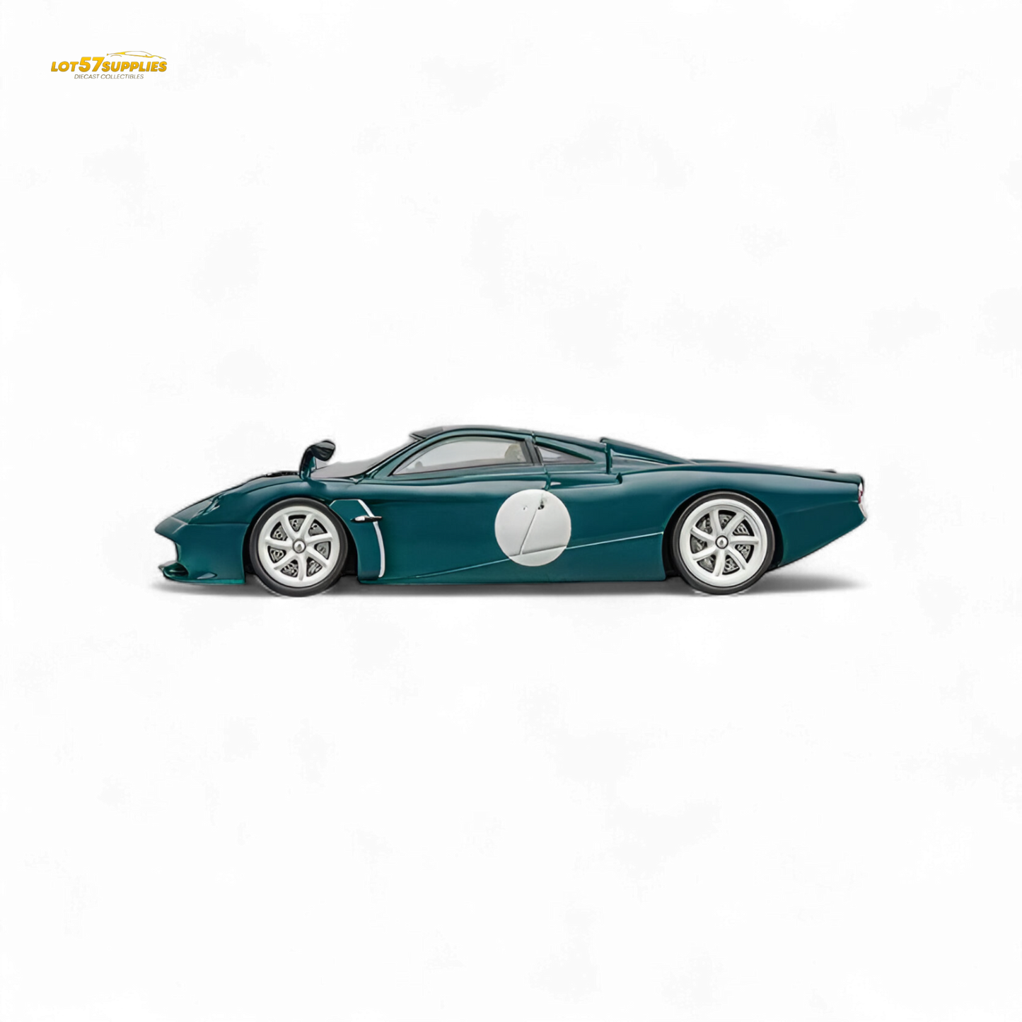 Green Pagani Codalunga diecast model by Lot57Supplies, 1:64 scale, detailed miniature car with sleek design.