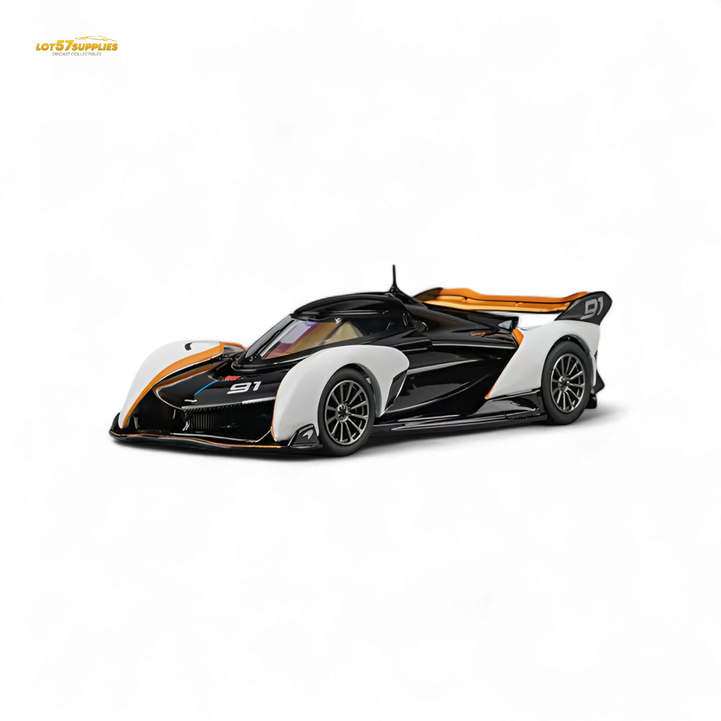 Black and white 1:64 scale McLaren Solus GT diecast model by Lot57Supplies, detailed sportscar collectible image.