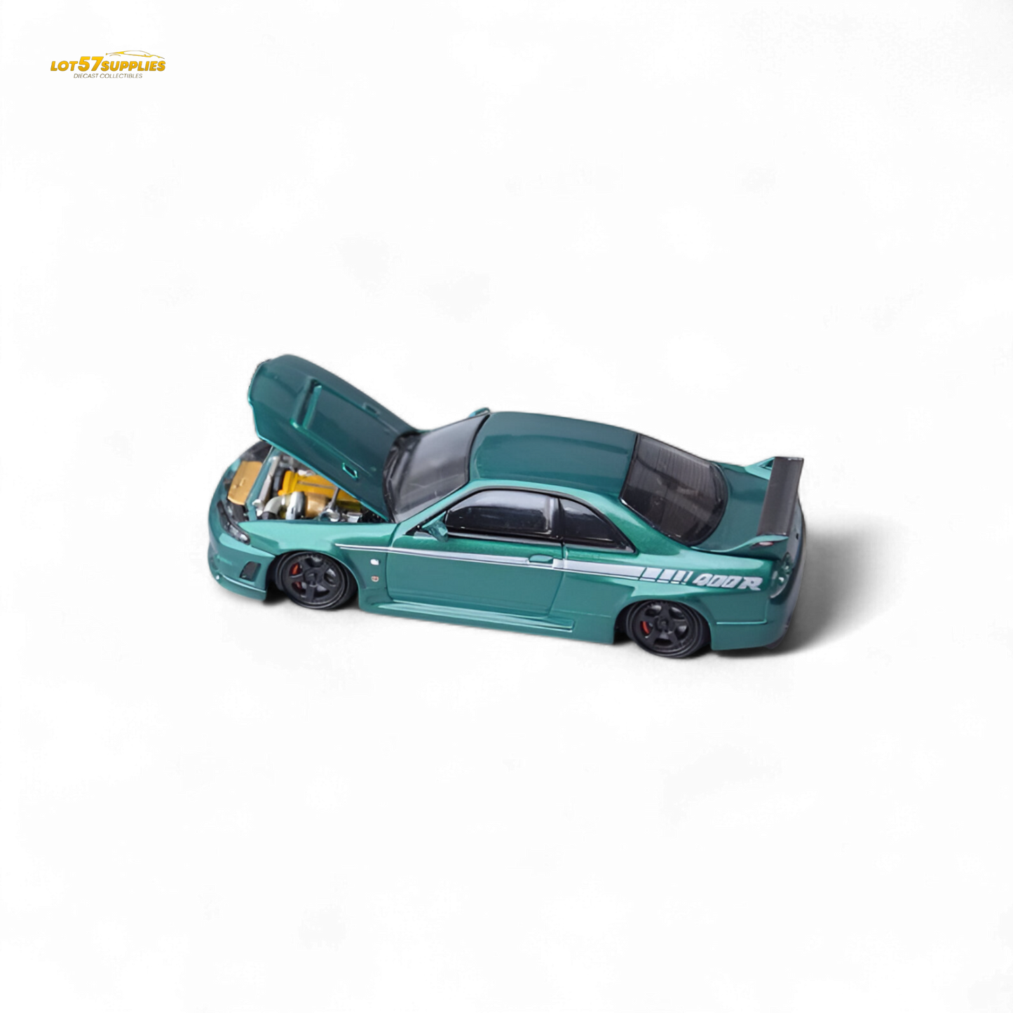 Diecast Nissan Skyline GT-R R33 Nismo 400R in Champion Green, 1:64 scale model by Lot57Supplies Diecast Shop.