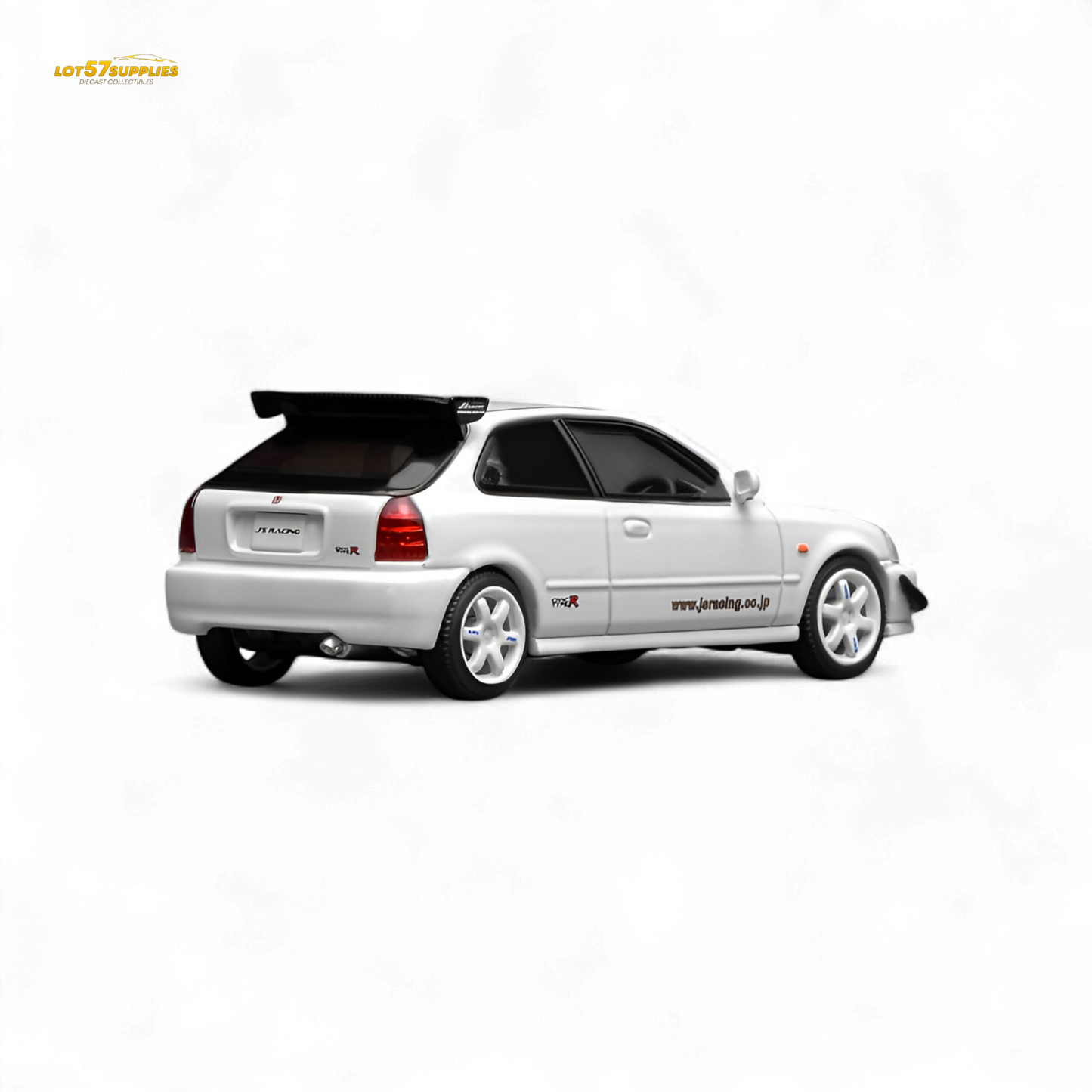 White 1:64 scale Honda Civic Type R EK9 diecast model with J's Racing livery, detailed design, and accurate branding.