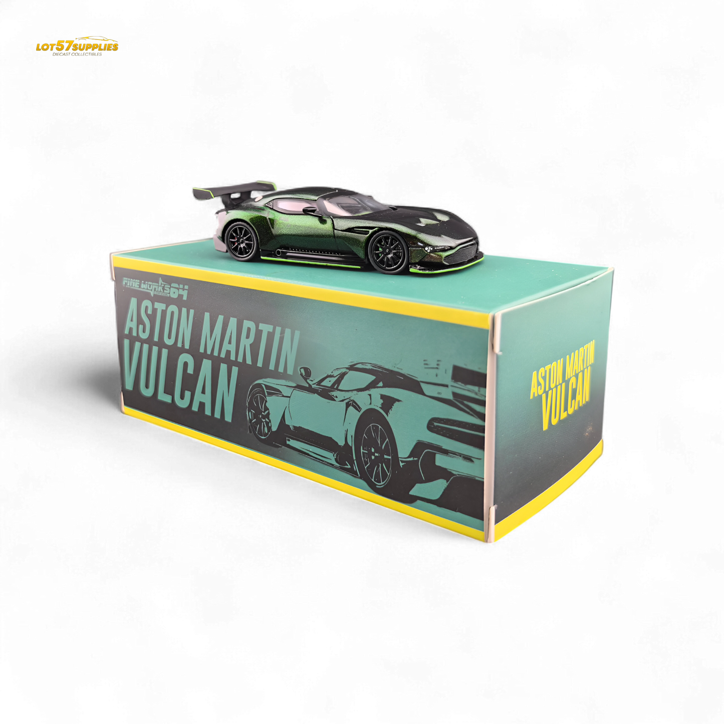 Chameleon green 1:64 Aston Martin Vulcan diecast model by Fine Works64, detailed miniature car with sleek design.
