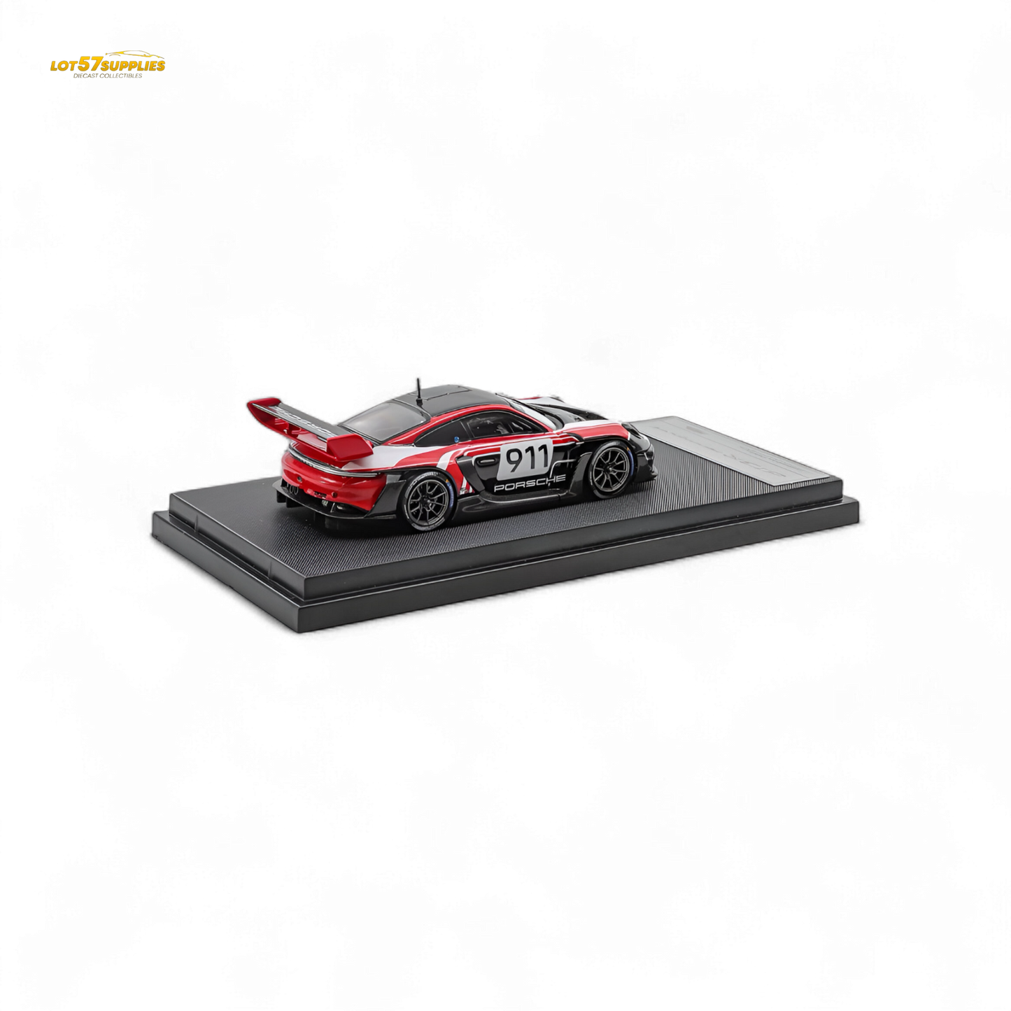 Red and white Porsche 911 GT3 R diecast model in 1:64 scale, detailed replica from Lot57Supplies Diecast Shop.
