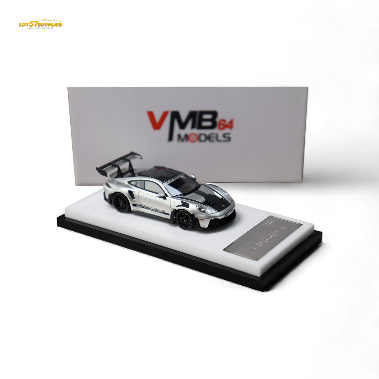 Pre-order VMB Porsche 992 GT3 RS diecast model in GT Silver, 1:64 scale by Lot57Supplies Diecast Shop, detailed miniature car.