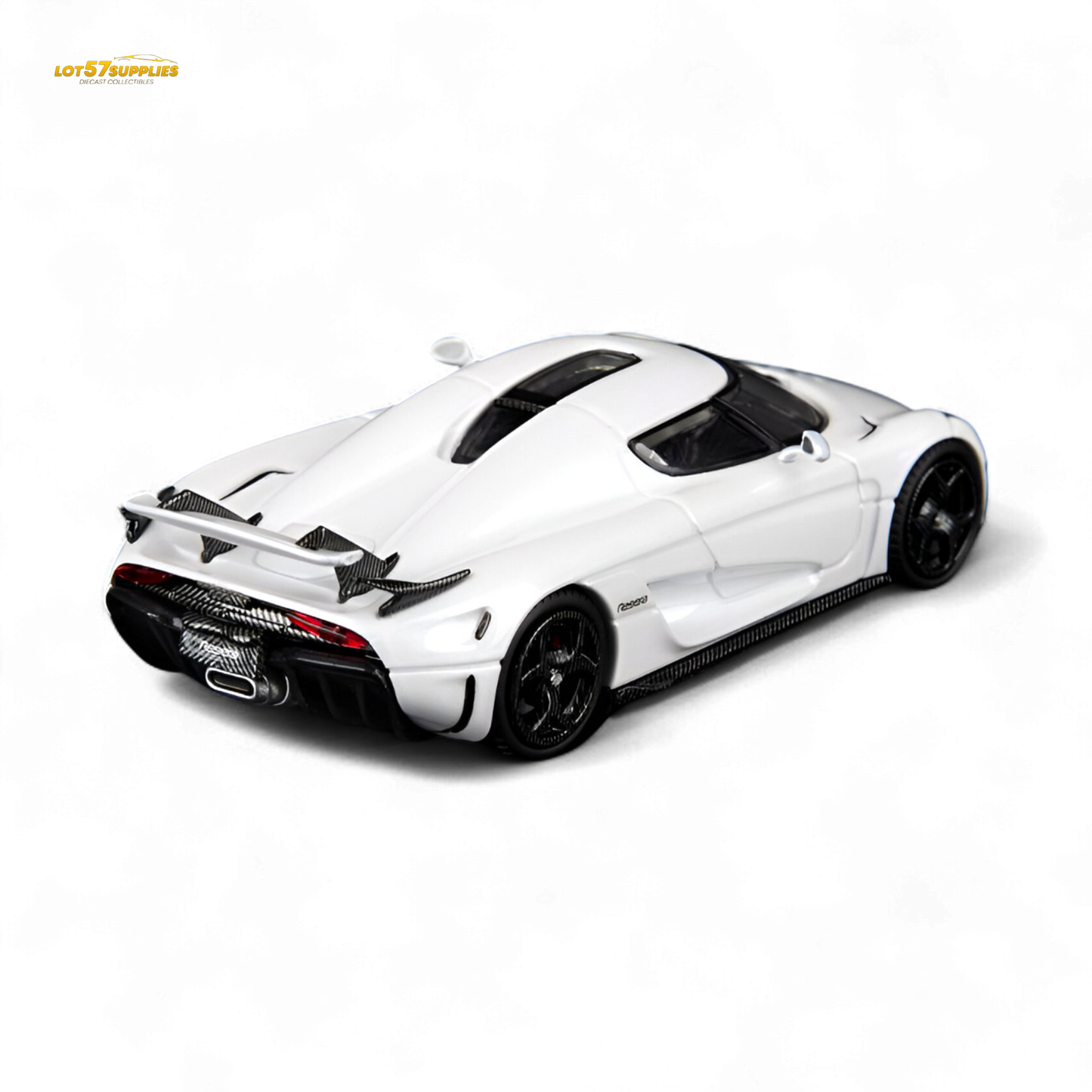 White 1:64 scale Regera model car from SC Art Regera collection, showcasing detailed design and pearl white finish.