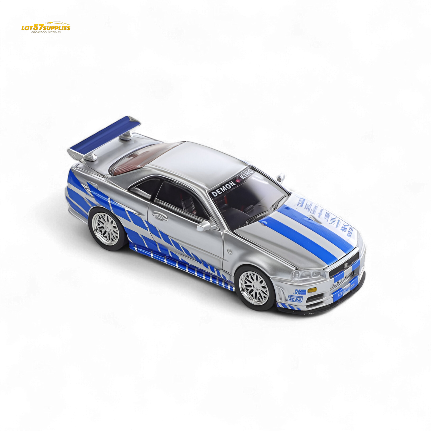 Diecast Nissan Skyline GT-R R34 Z-Tune model by Lot57Supplies, detailed 1:64 scale with vibrant blue finish and realistic features.
