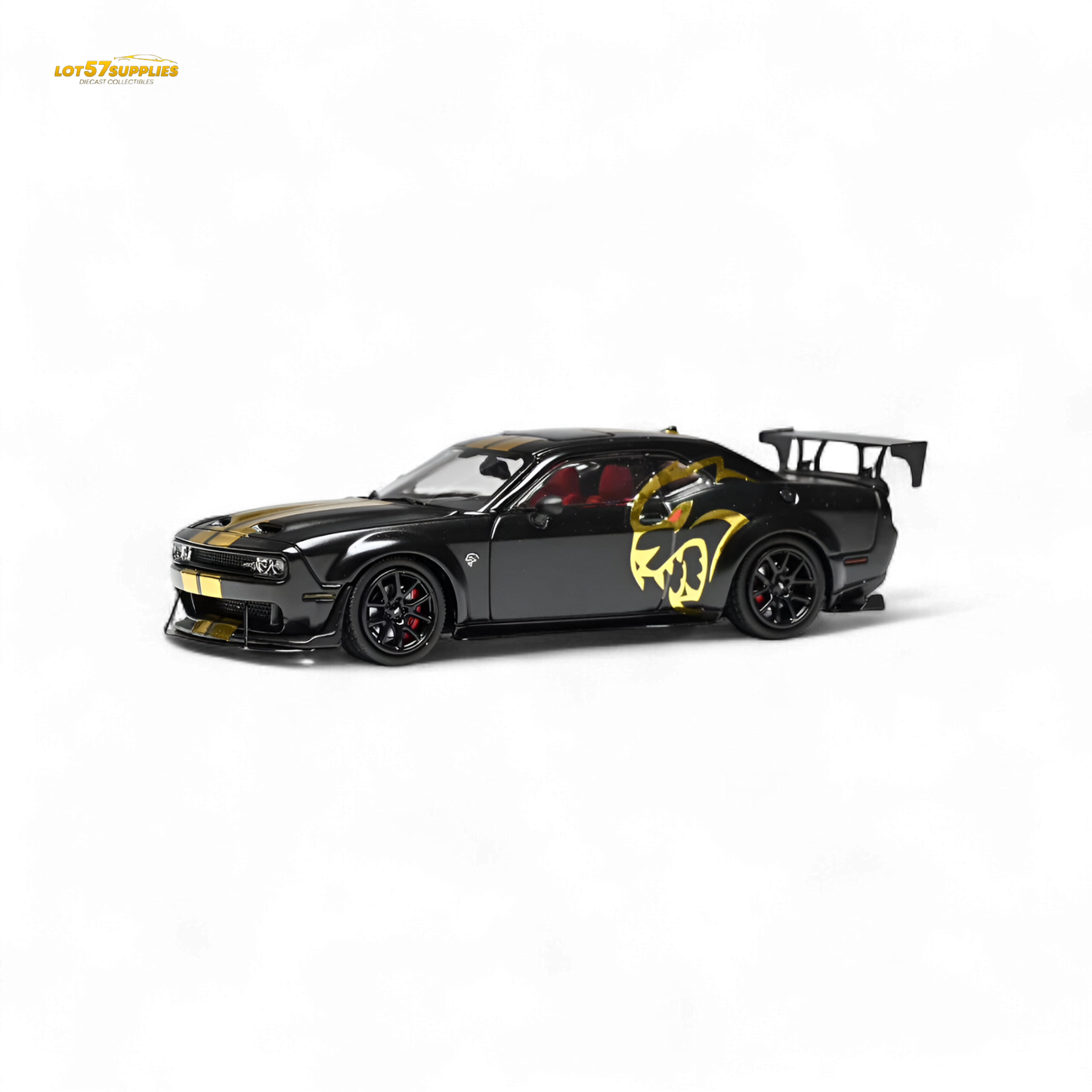 Dodge Stance Hunters Challenger SRT Hellcat diecast car in 1:64 scale, featuring detailed black and red design.