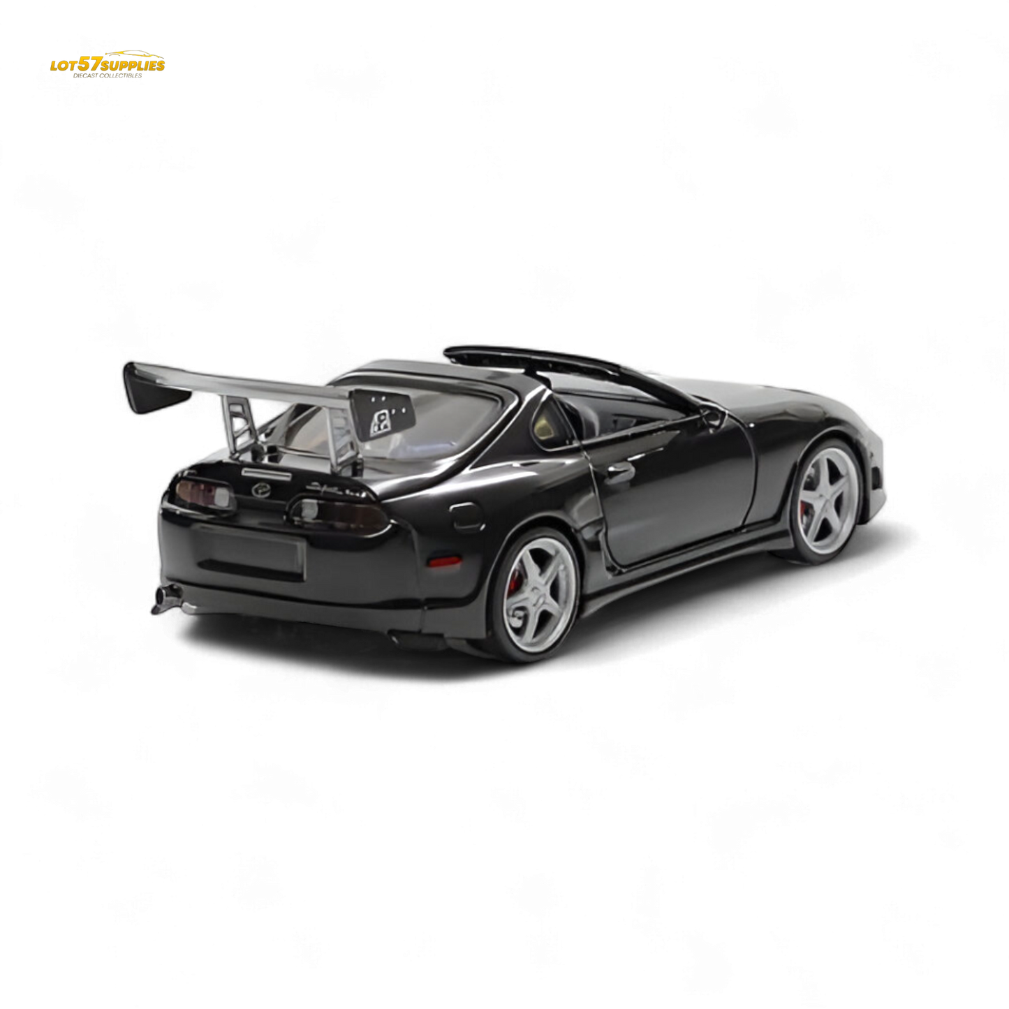 Black Toyota Supra Targa diecast car in 1:64 scale, featuring fast speed design, from Lot57Supplies Diecast Shop.