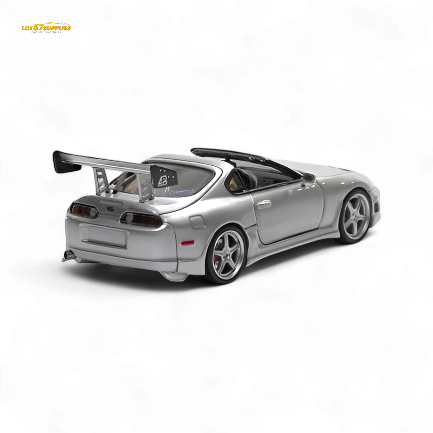 Silver 1:64 scale Toyota Supra Targa diecast car, fast speed model from Lot57Supplies Diecast Shop, shown from side view.