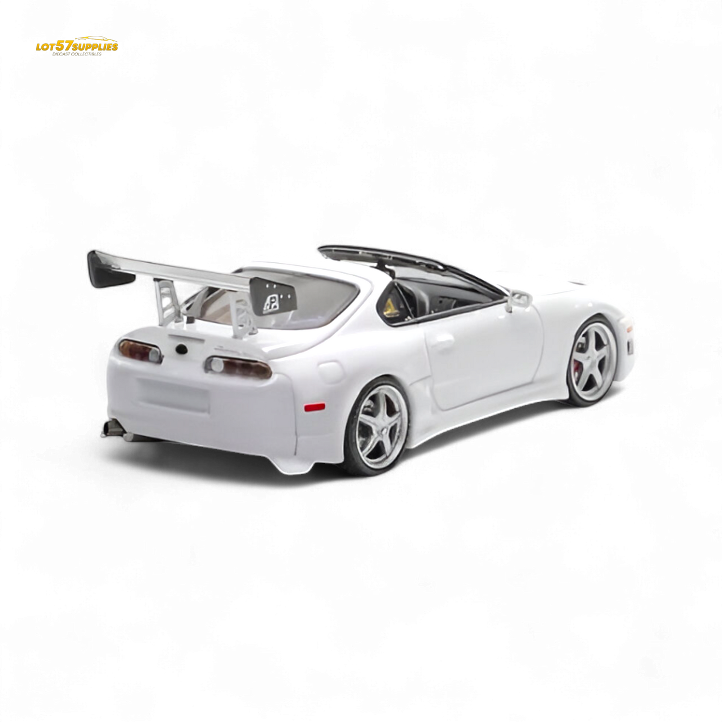 White Toyota Supra Targa diecast model in 1:64 scale, featuring fast speed design, by Lot57Supplies Diecast Shop.