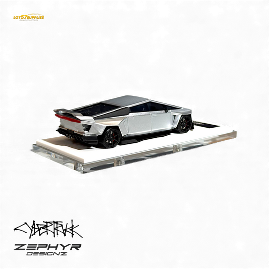 Silver 1:64 Tesla Cybertruck diecast model with custom widebody and lowered stance from Lot57Supplies Diecast Shop.