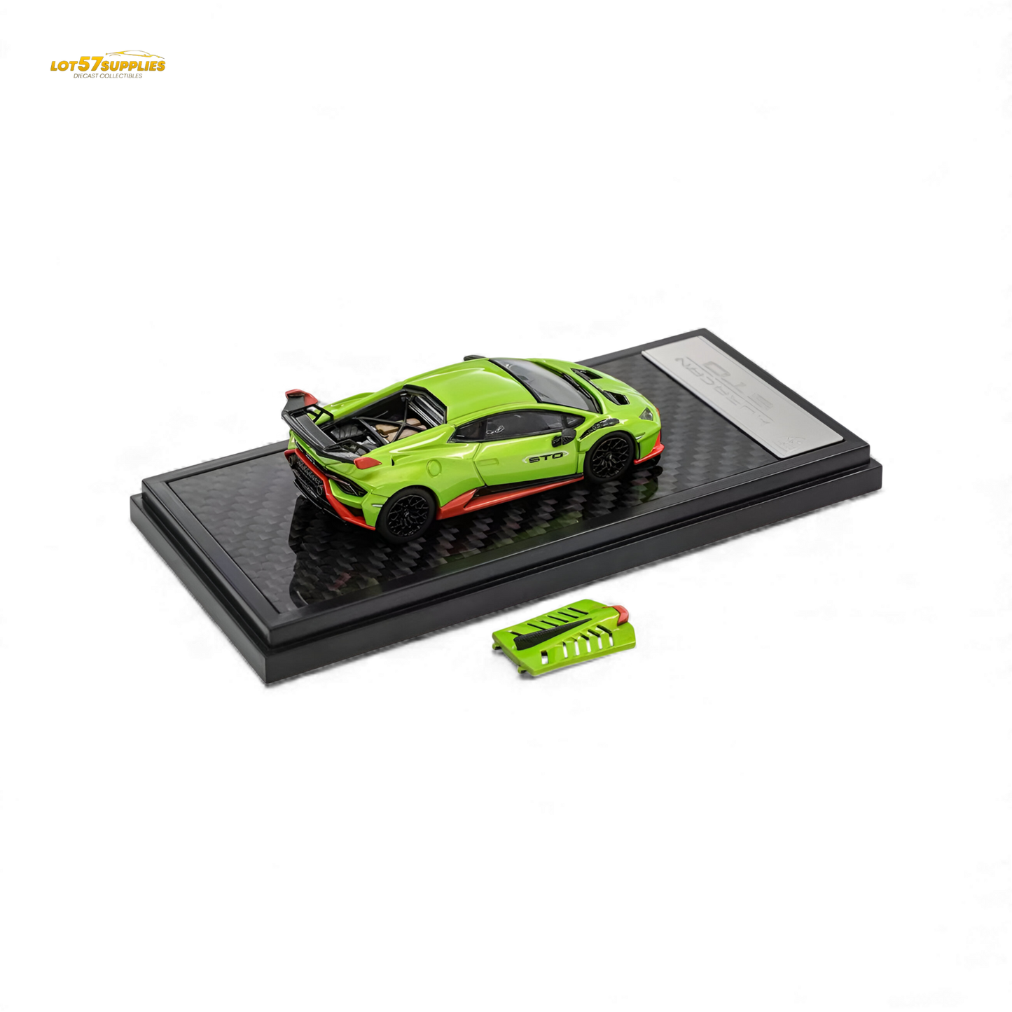 Green 1:64 scale Lamborghini Huracan STO diecast model by Lot57Supplies Diecast Shop, detailed miniature of the sports car.