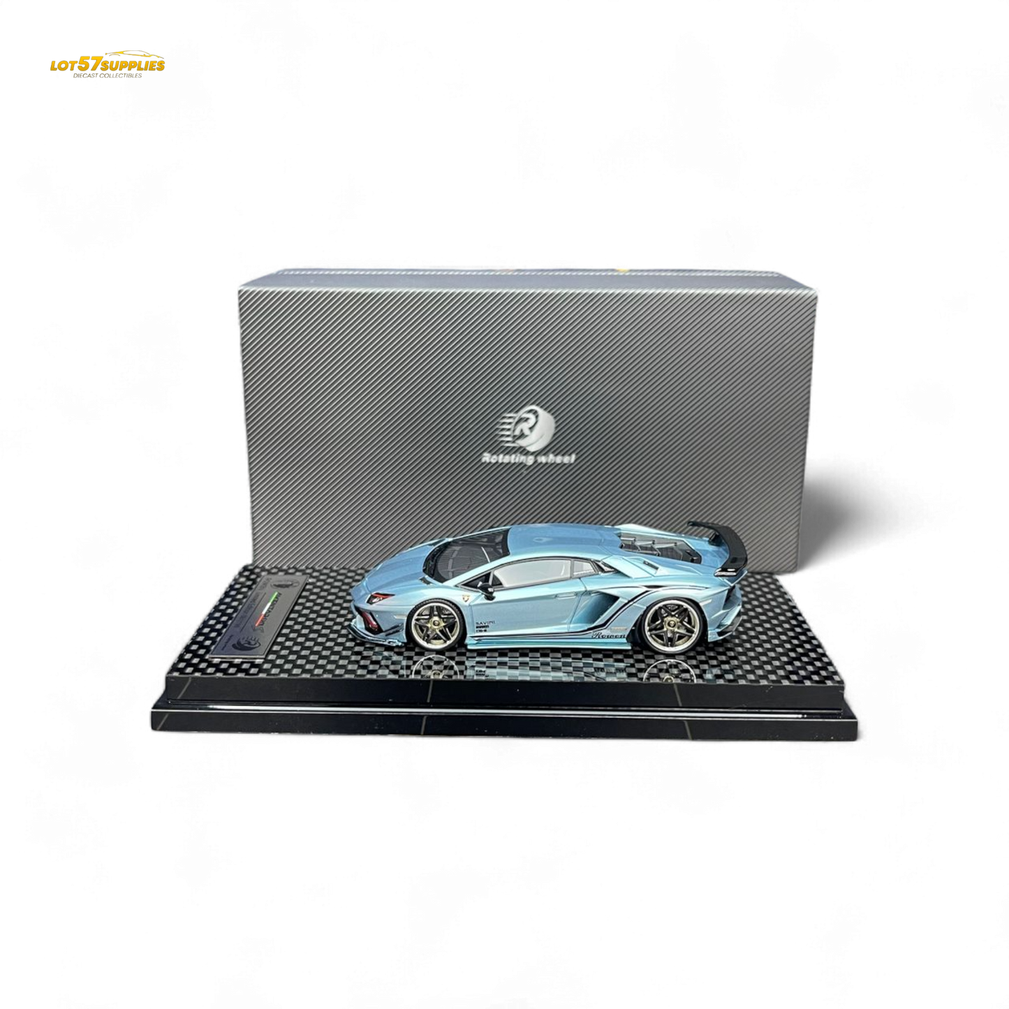 Ice blue Lamborghini Aventador S 1:64 diecast wheel rotating model by Lot57Supplies Diecast Shop, showcasing detailed Lamborghini replica.