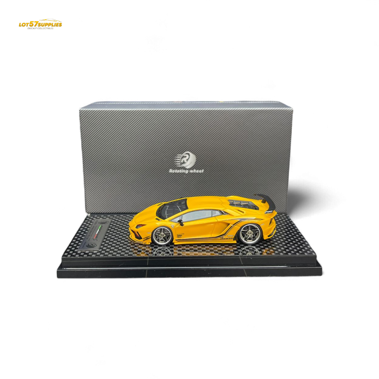 Pearl yellow Lamborghini Aventador S diecast wheel rotating model in 1:64 scale from Lot57Supplies Diecast Shop.