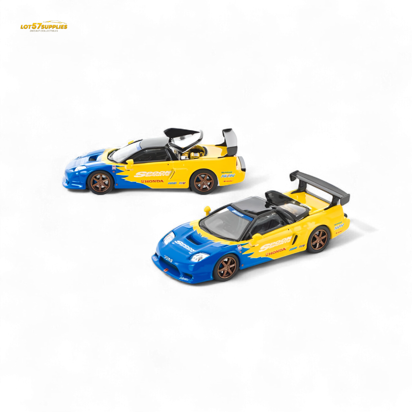 Honda Poprace Spoon NSX-R GT diecast car in 1:64 scale with Spoon livery, featuring detailed design and vibrant colors.