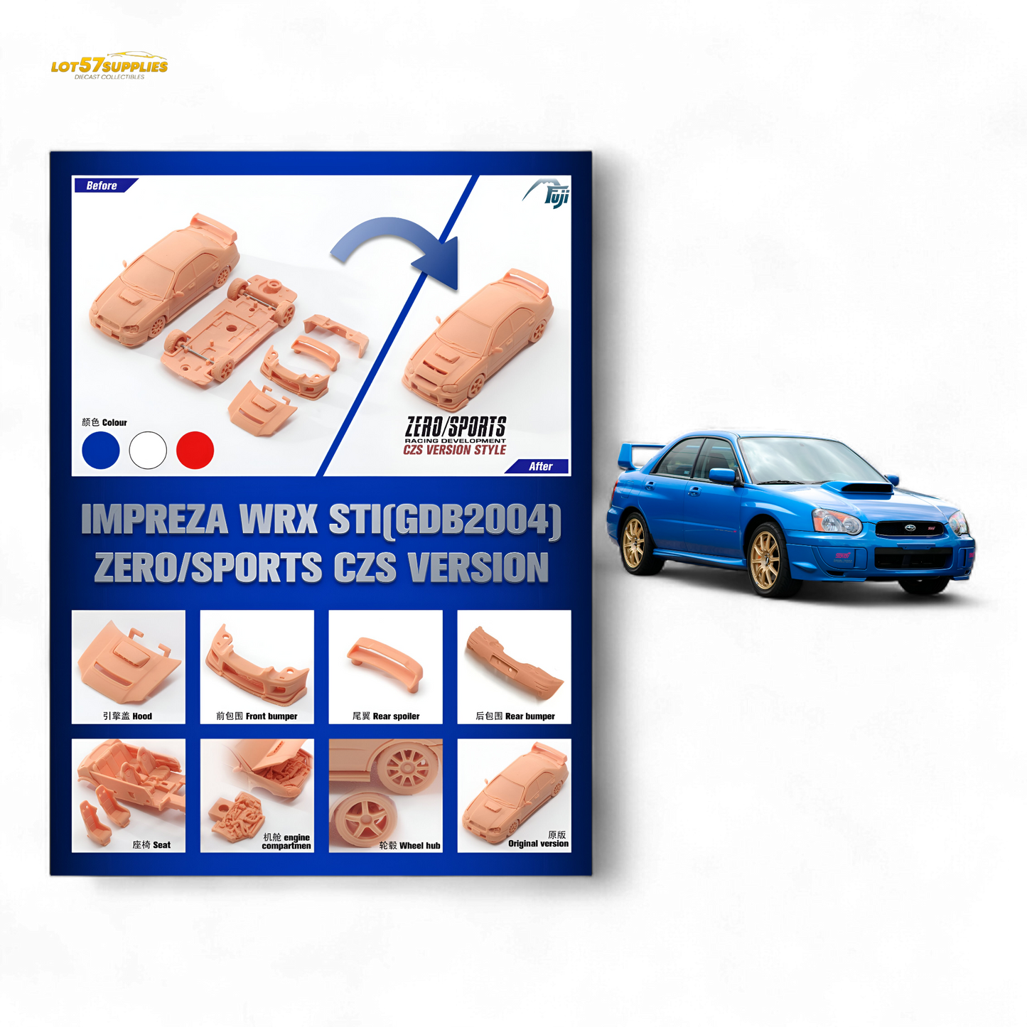 Diecast 1:64 scale Subaru Impreza WRX STi Blobeye model by Lot57Supplies, detailed miniature car in blue with black accents.