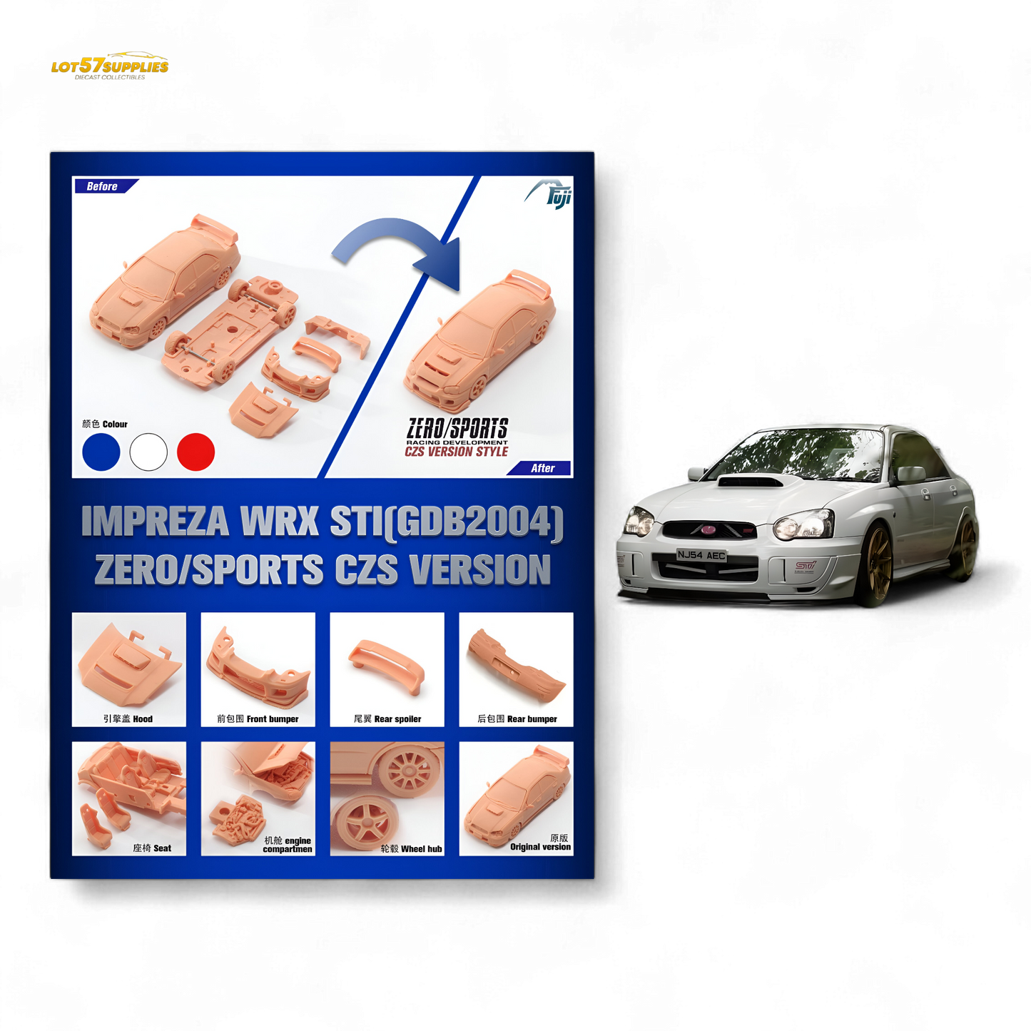 White 1:64 scale Subaru Impreza WRX STi Blobeye diecast model by Lot57Supplies, detailed front view showing car features.