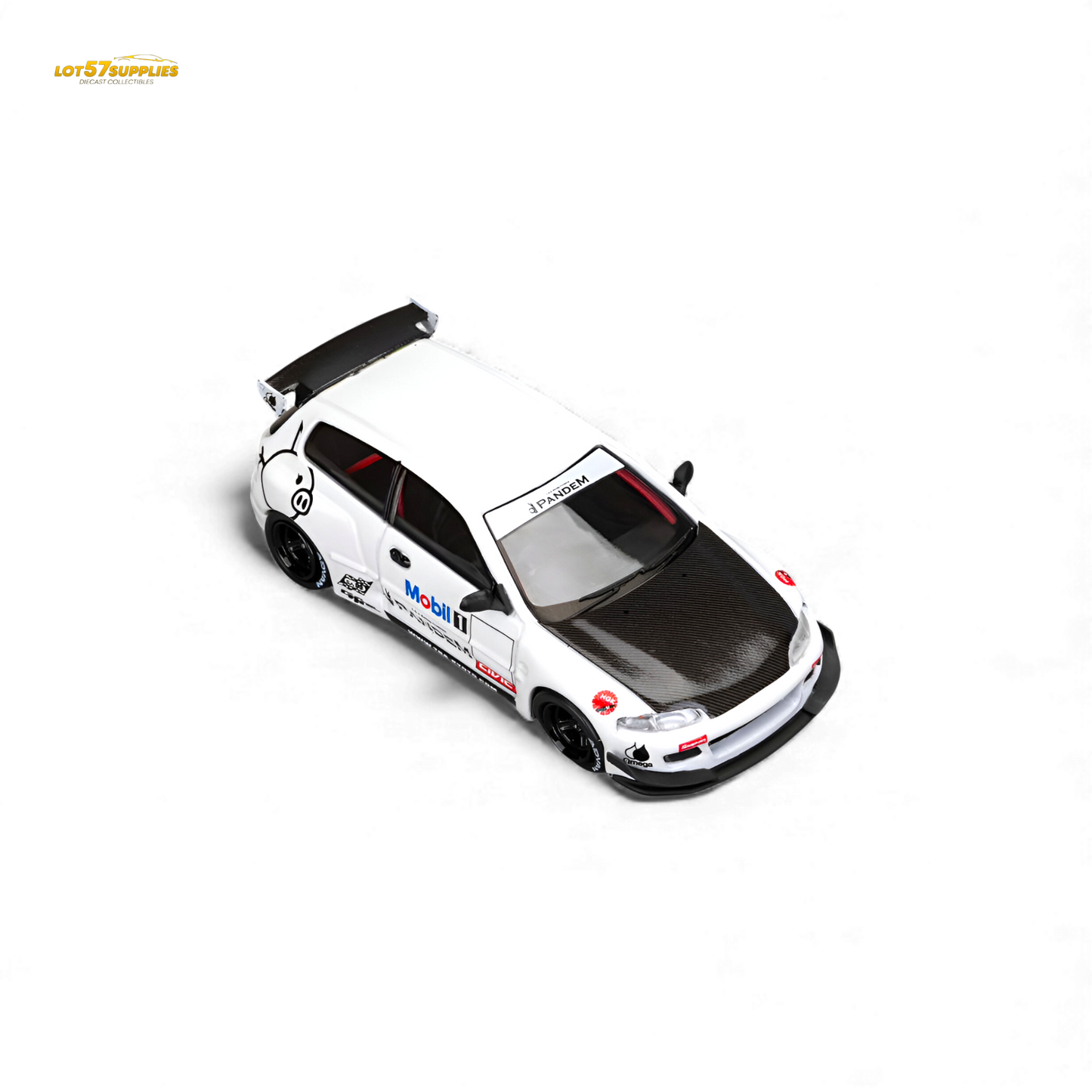 Diecast 1:64 Honda Civic EG6 model with Mobil 1 livery, detailed scale replica from Lot57Supplies Diecast Shop.