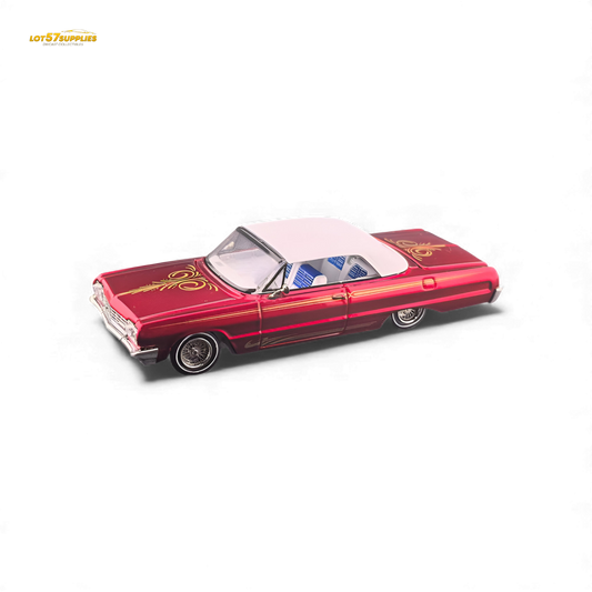 Red transparent 1:64 scale Chevrolet Impala diecast model by Lot57Supplies Diecast Shop, showcasing detailed exterior and sleek design.