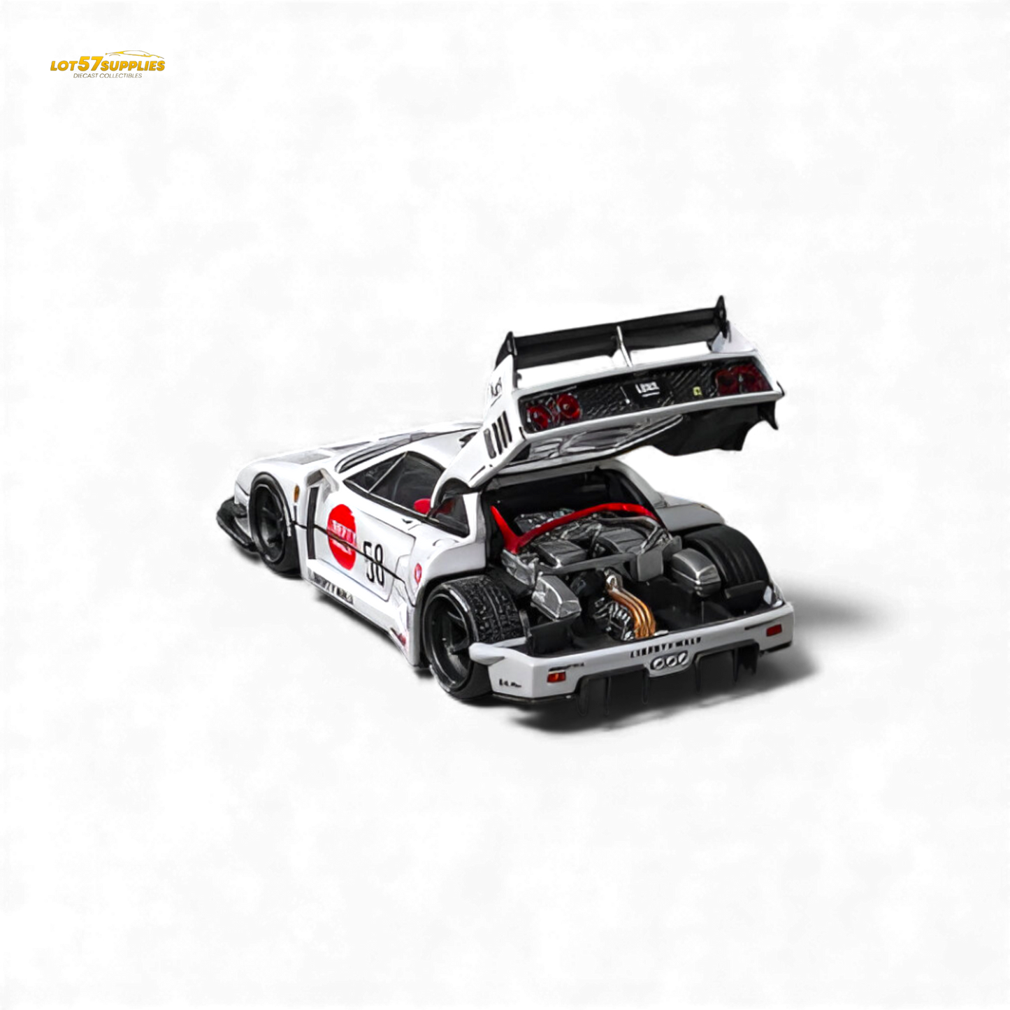 White 1:64 scale Ferrari F40 LB-Works diecast model by Star Models, detailed miniature car with sleek design.