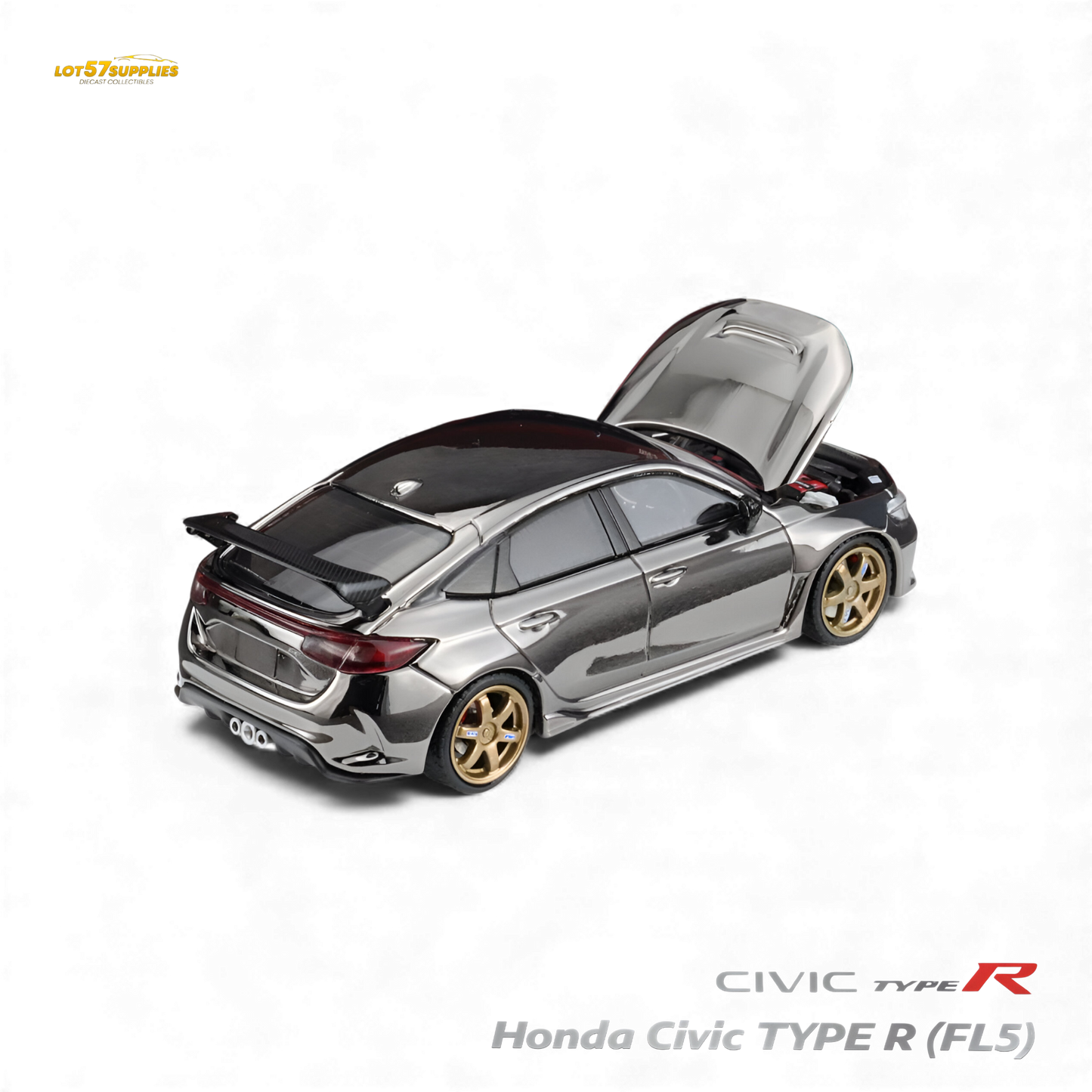 Detailed 1:64 scale diecast Honda Civic Type R FL5 in chrome gun black finish, showcasing realistic design and branding.