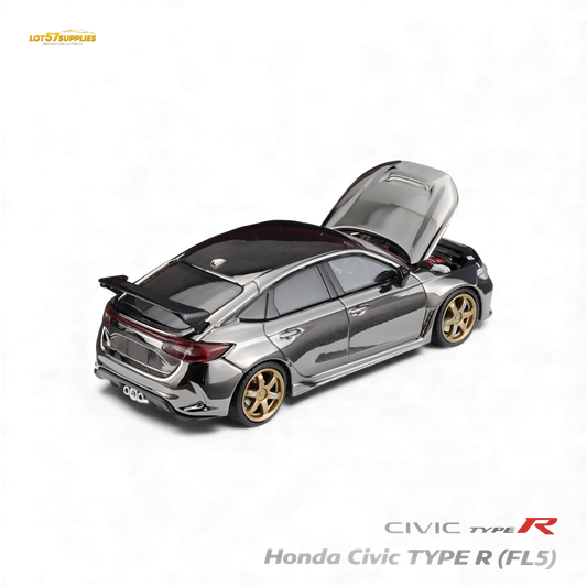Detailed 1:64 scale diecast Honda Civic Type R FL5 in chrome gun black finish, showcasing realistic design and branding.
