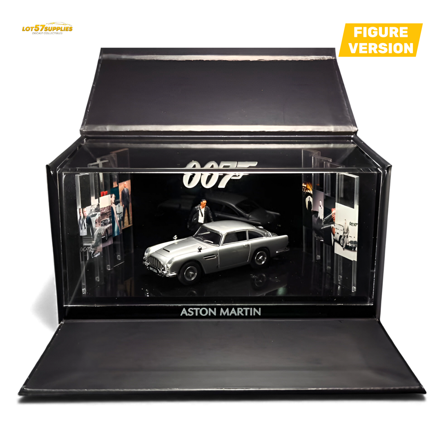 Pre-order Aston Martin DB5 diecast figurine in high gloss silver, 1:64 scale by Lot57Supplies Diecast Shop, detailed model car.