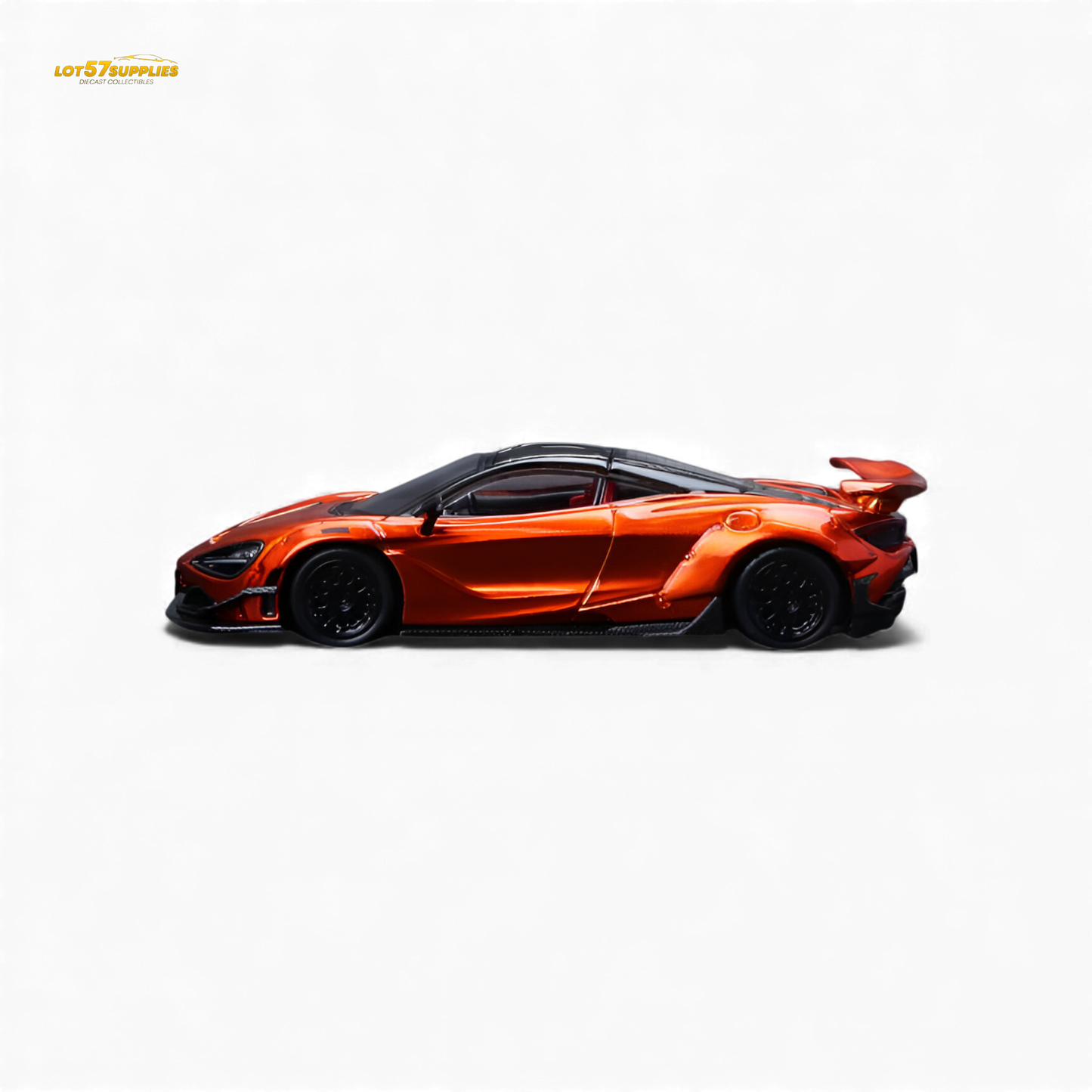 Bright orange McLaren 720S diecast model in 1:64 scale, detailed replica from Lot57Supplies Diecast Shop.