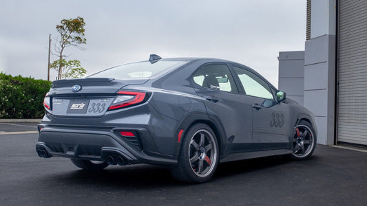 FR SPORT Borla S-Type Cat-Back Exhaust system with ceramic black tips for 2022-2023 Subaru WRX 2.4L Turbo, showcasing polished metal and black tips.